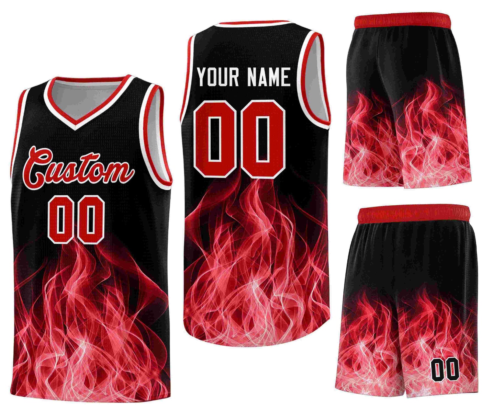 Custom Black Red Flame Graffiti Pattern Breathable Personalized Uniform Basketball Jersey