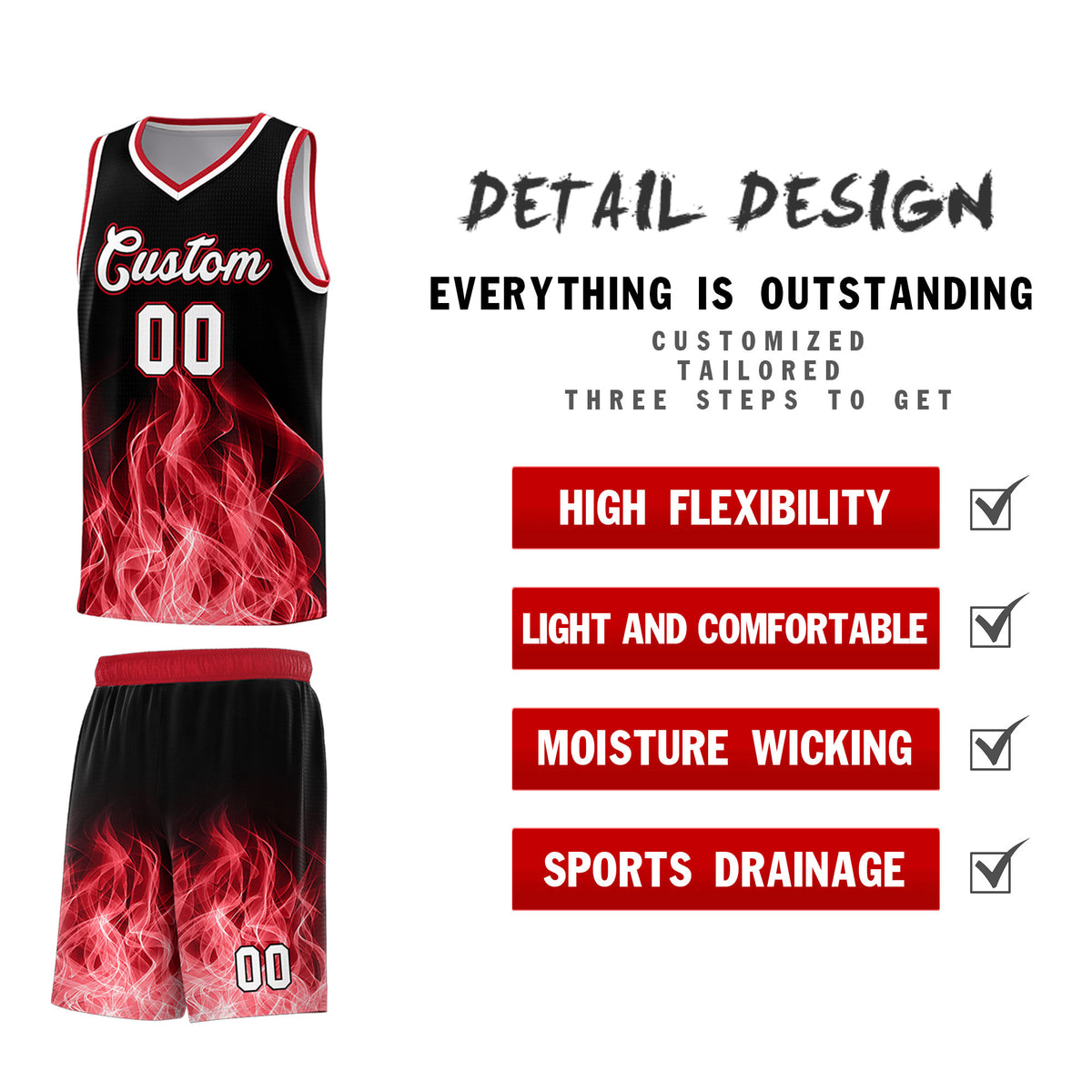 Custom Youth Basketball Jersey Black Red Flame Design Personalized Team Uniform Set