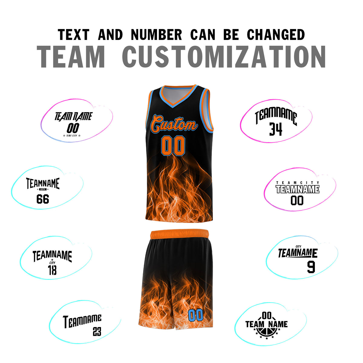 Custom Youth Basketball Jersey Black Orange Flame Design Personalized Team Uniform Set