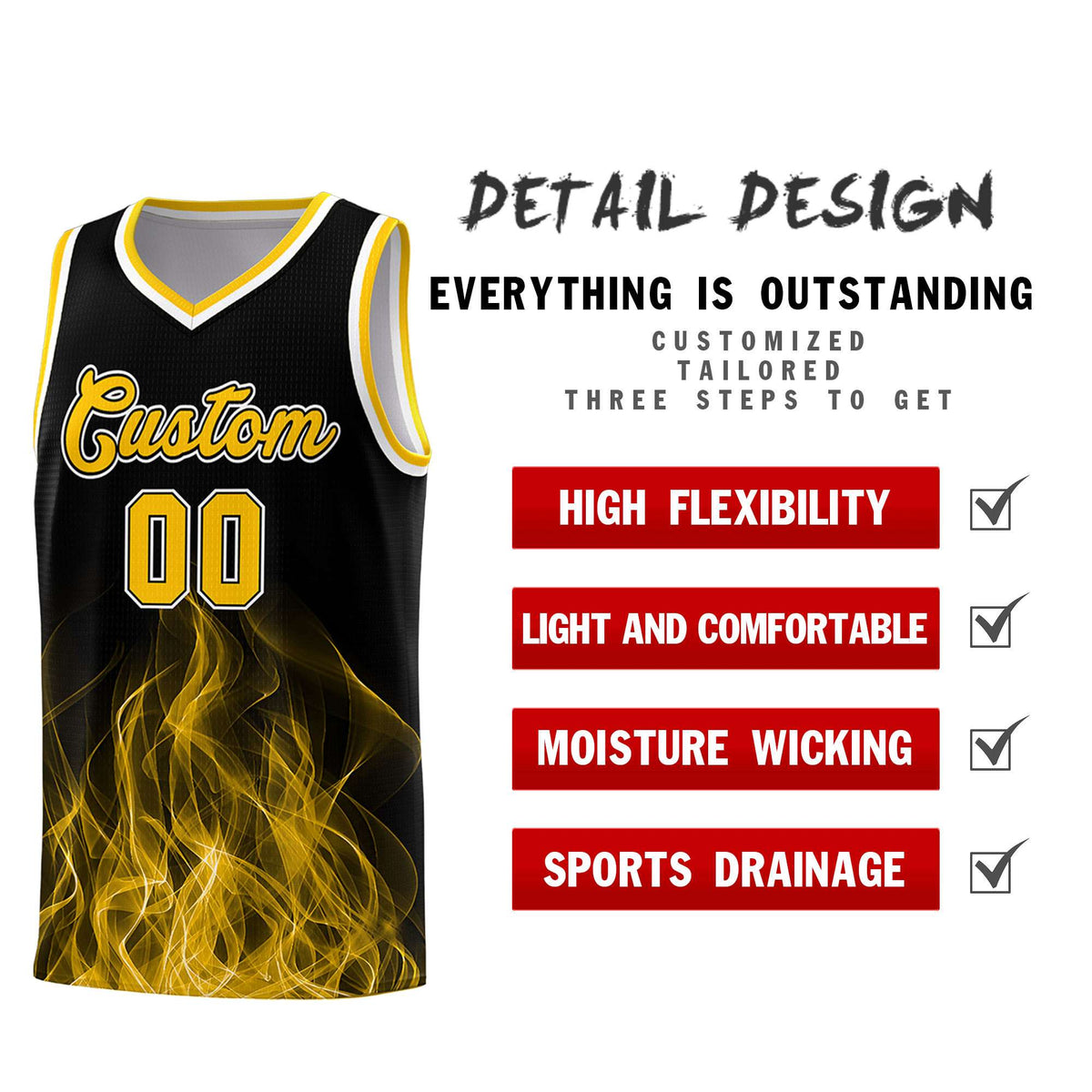 Custom Youth Basketball Jersey Black Yellow Flame Fire Design Personalized Team Uniform Set