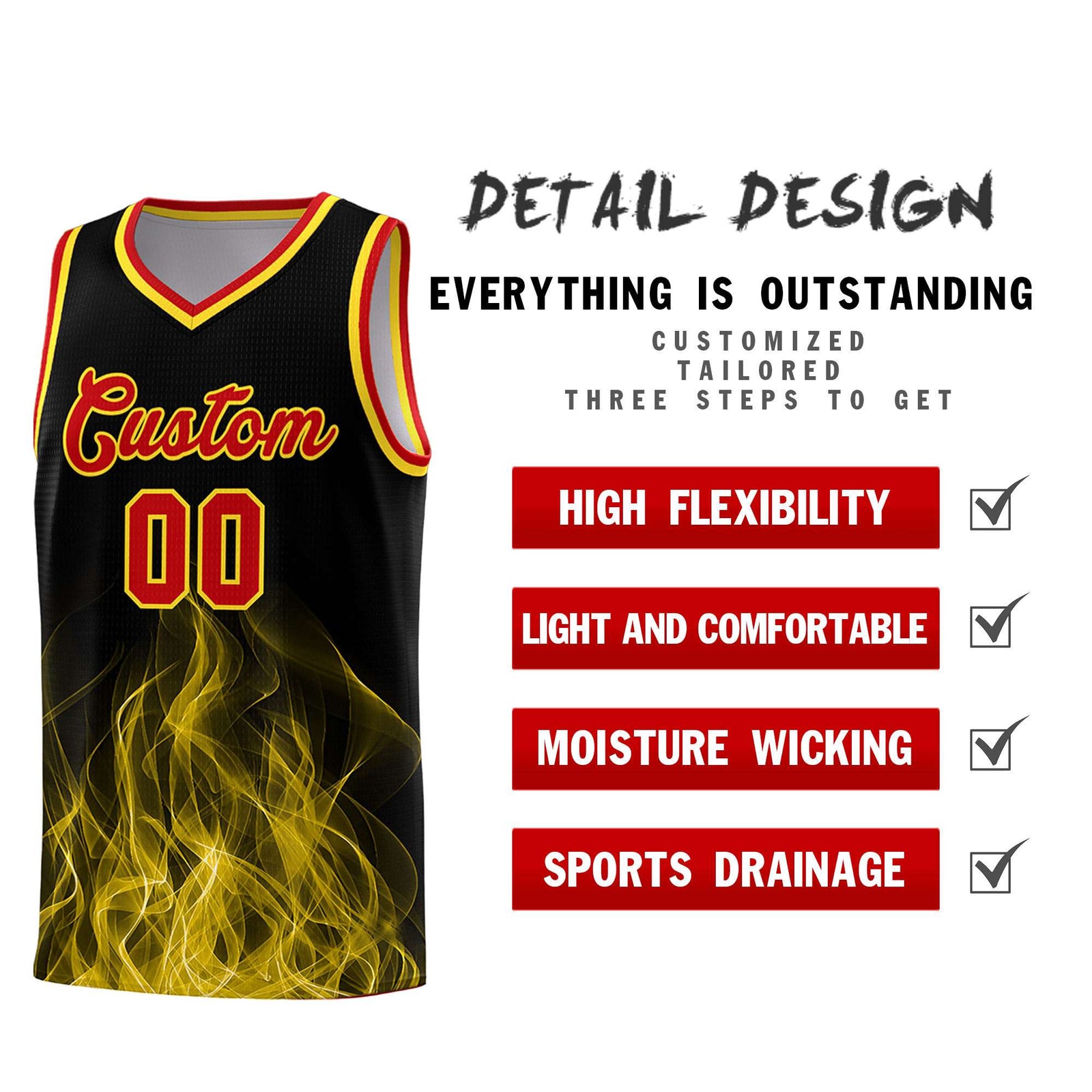 Custom Youth Basketball Jersey Black Gold Flame Design Unique Team Uniform Set