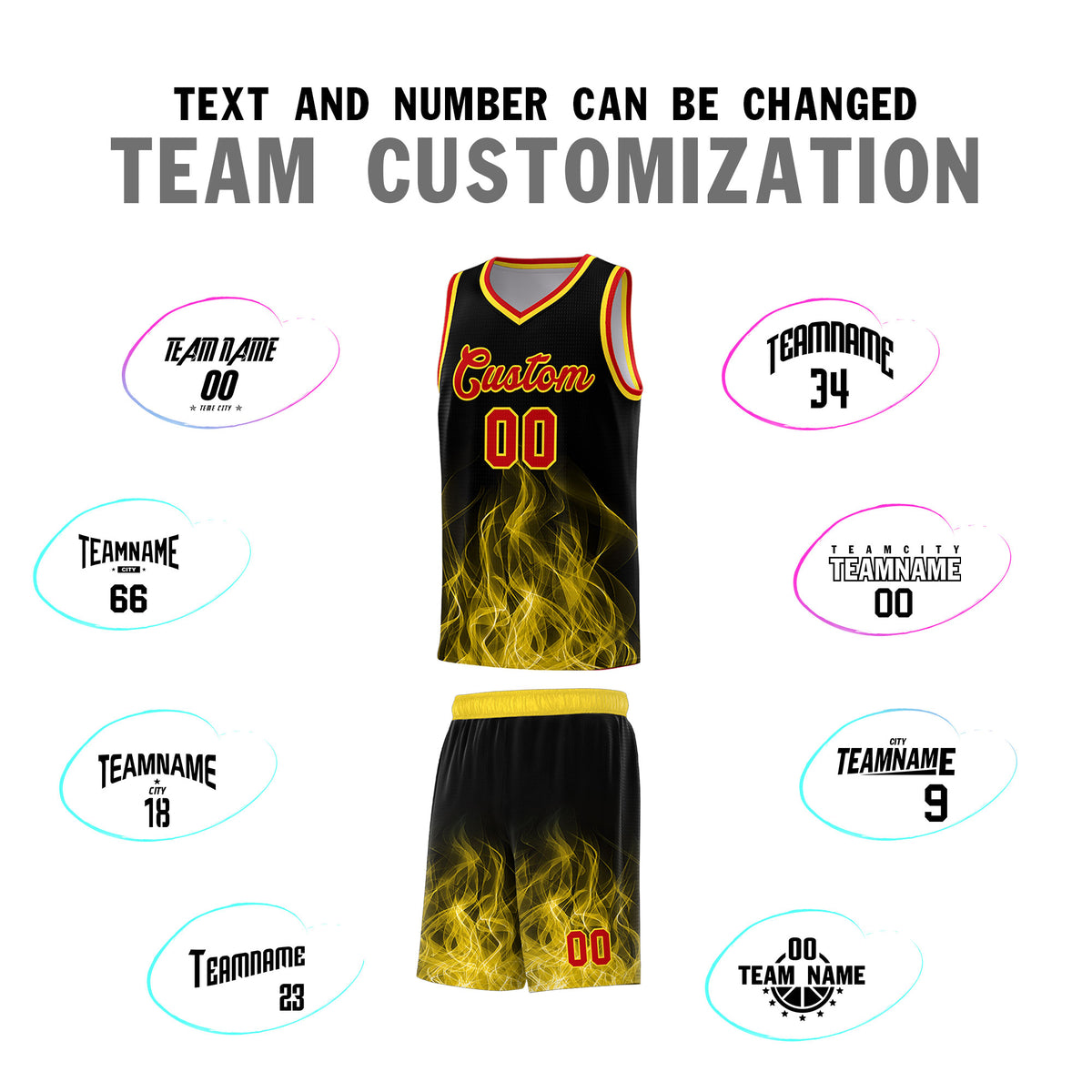 Custom Youth Basketball Jersey Black Gold Flame Design Unique Team Uniform Set