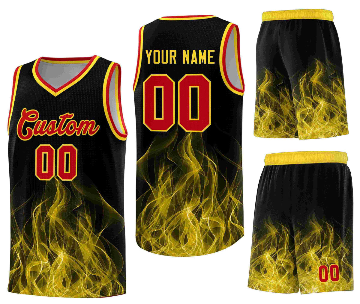 Custom Black Gold Flame Graffiti Pattern Quick-Drying Personalized Uniform Basketball Jersey