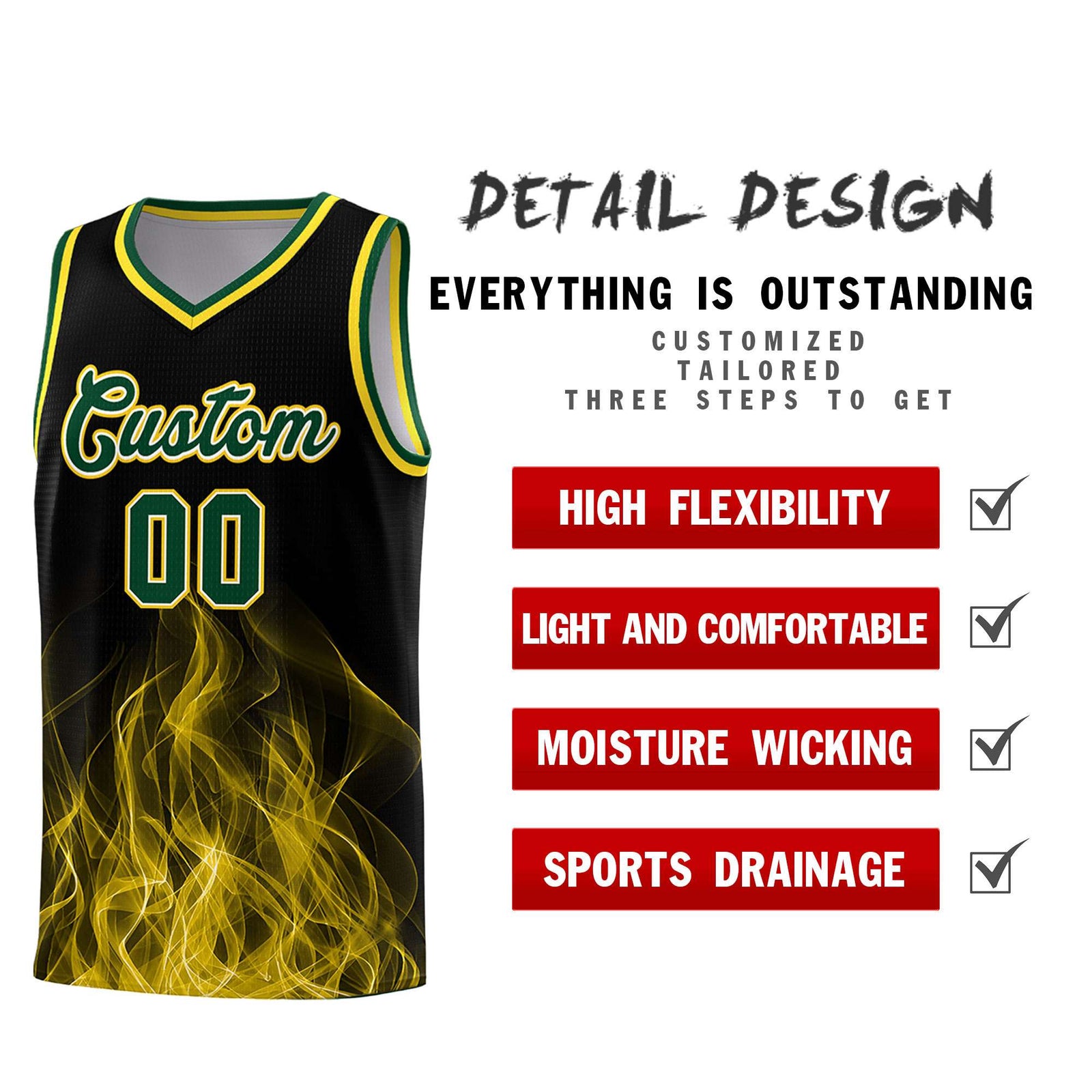Custom Youth Basketball Jersey Black Gold Flame Design Personalized Team Uniform Set