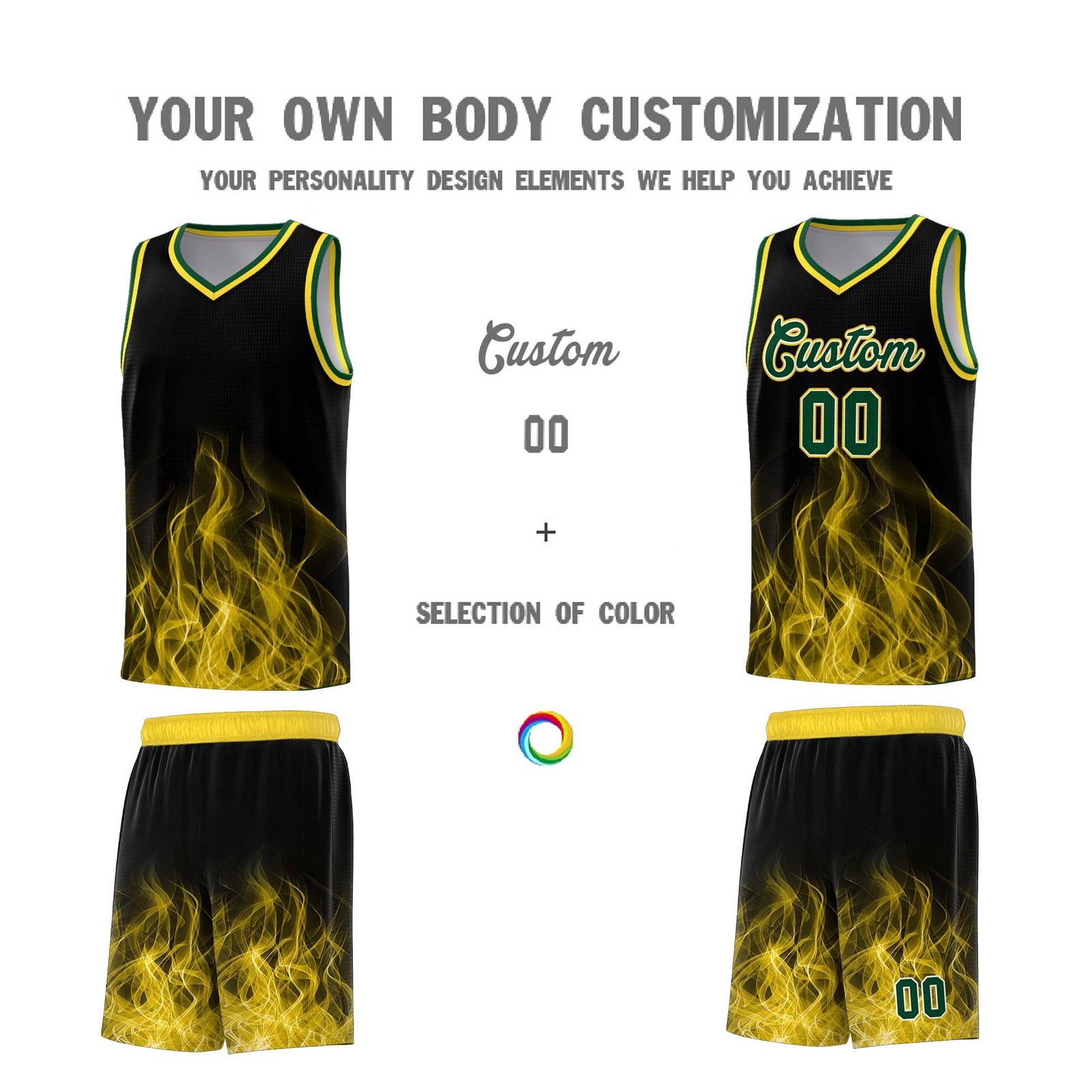 Custom Youth Basketball Jersey Black Gold Flame Design Personalized Team Uniform Set