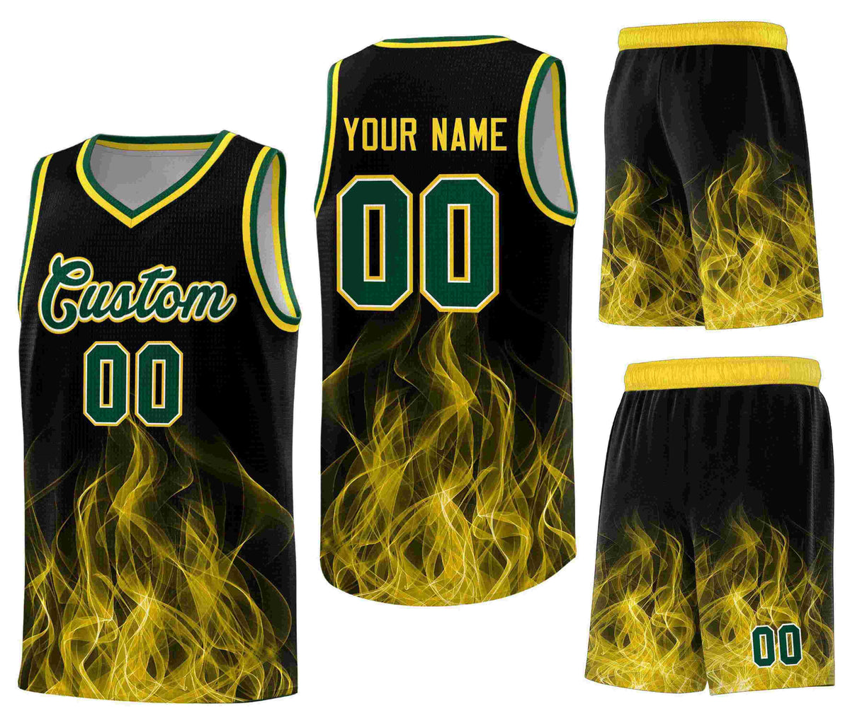 Custom Black Gold Flame Graffiti Pattern Lightweight Personalized Uniform Basketball Jersey