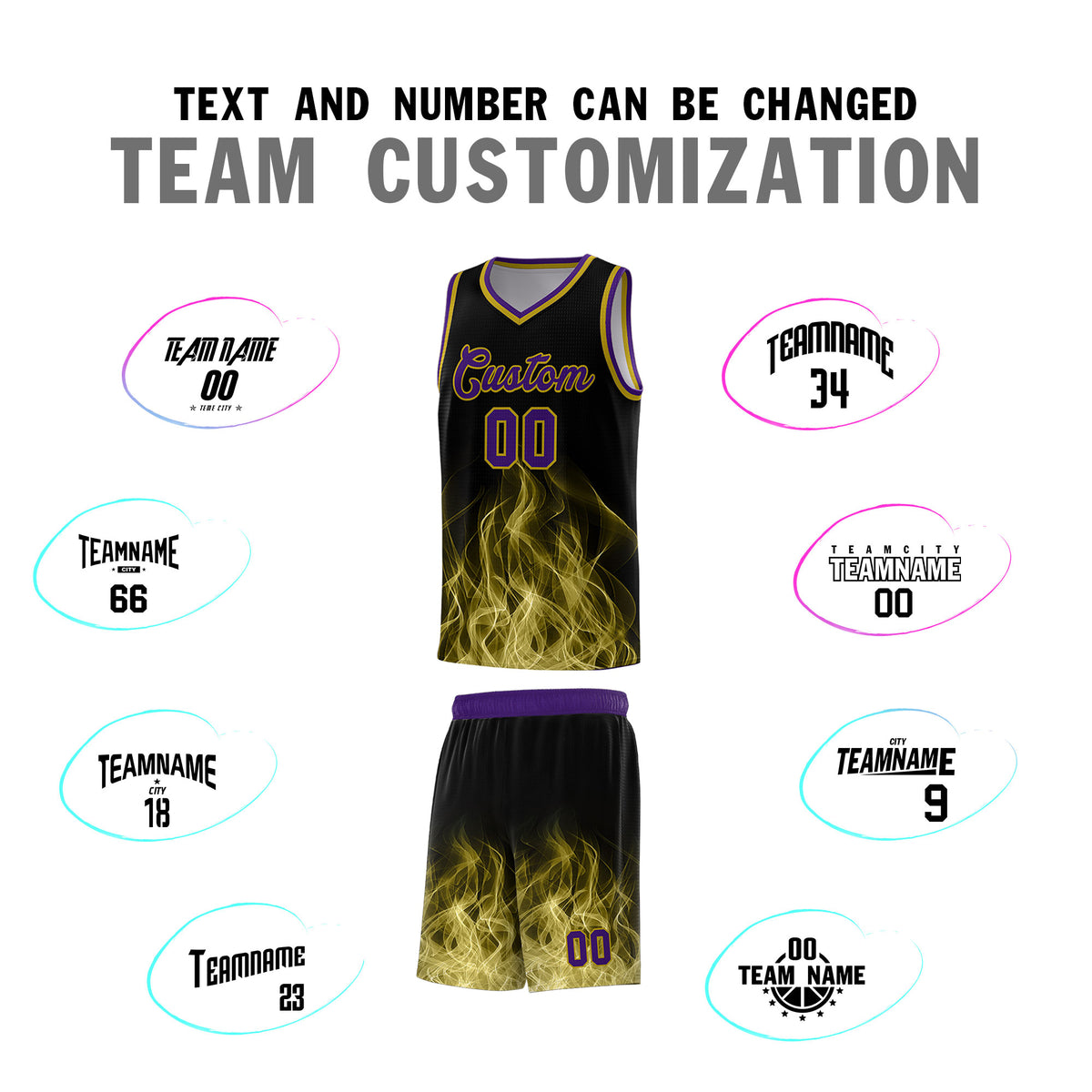 Custom Youth Basketball Jersey Black Purple Flame Design Unique Team Uniform Set