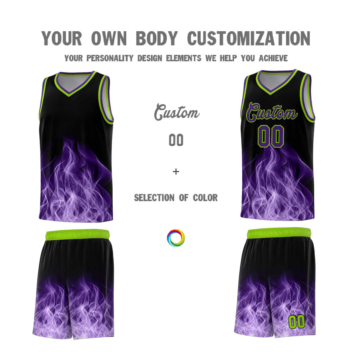 Custom Youth Basketball Jersey Black Neon Green Flame Fire Design Personalized Team Uniform Set