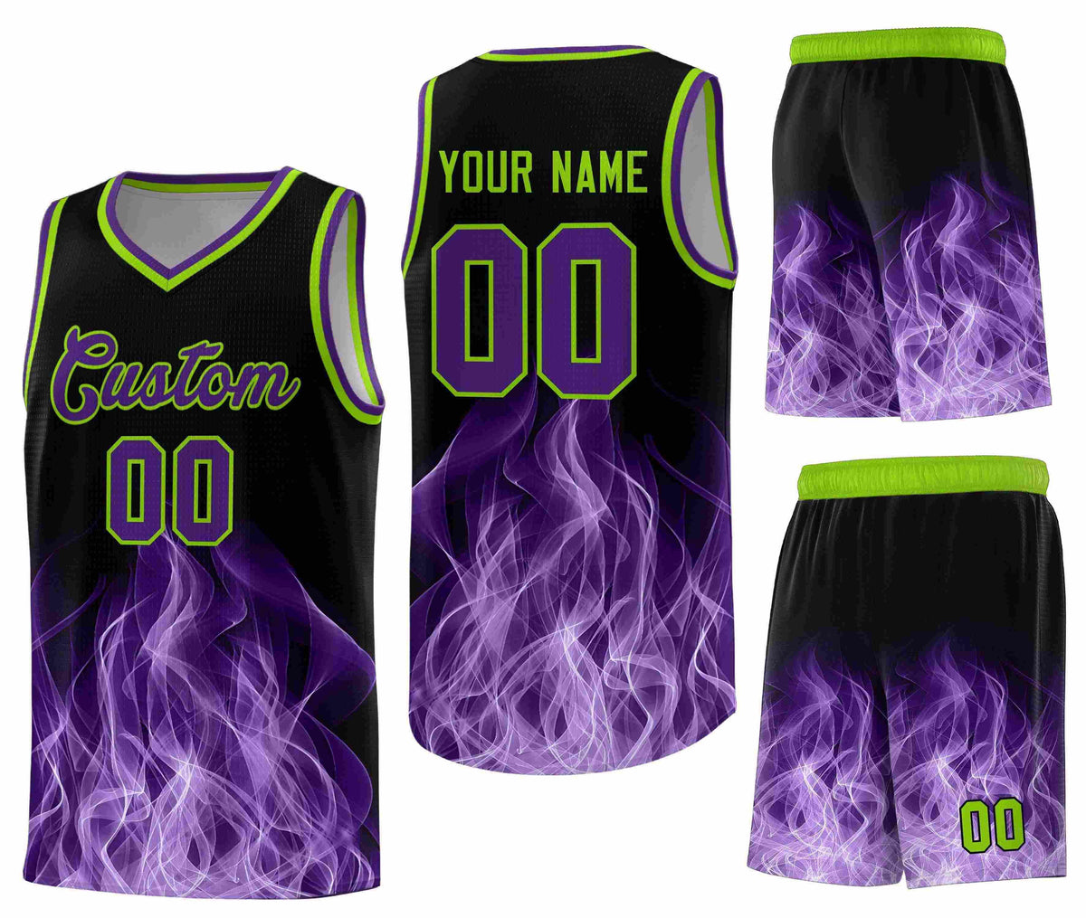 Custom Black Neon Green Flame Graffiti Pattern Breathable Personalized Uniform Basketball Jersey