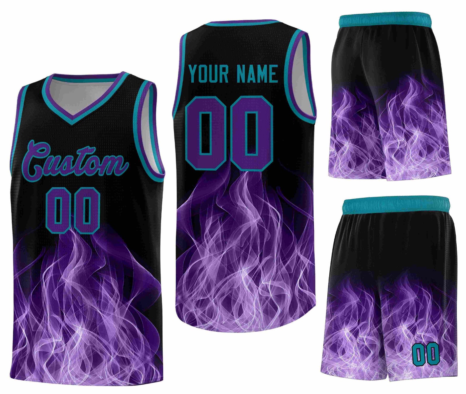 Custom Black Teal Flame Graffiti Pattern Quick-Drying Personalized Uniform Basketball Jersey