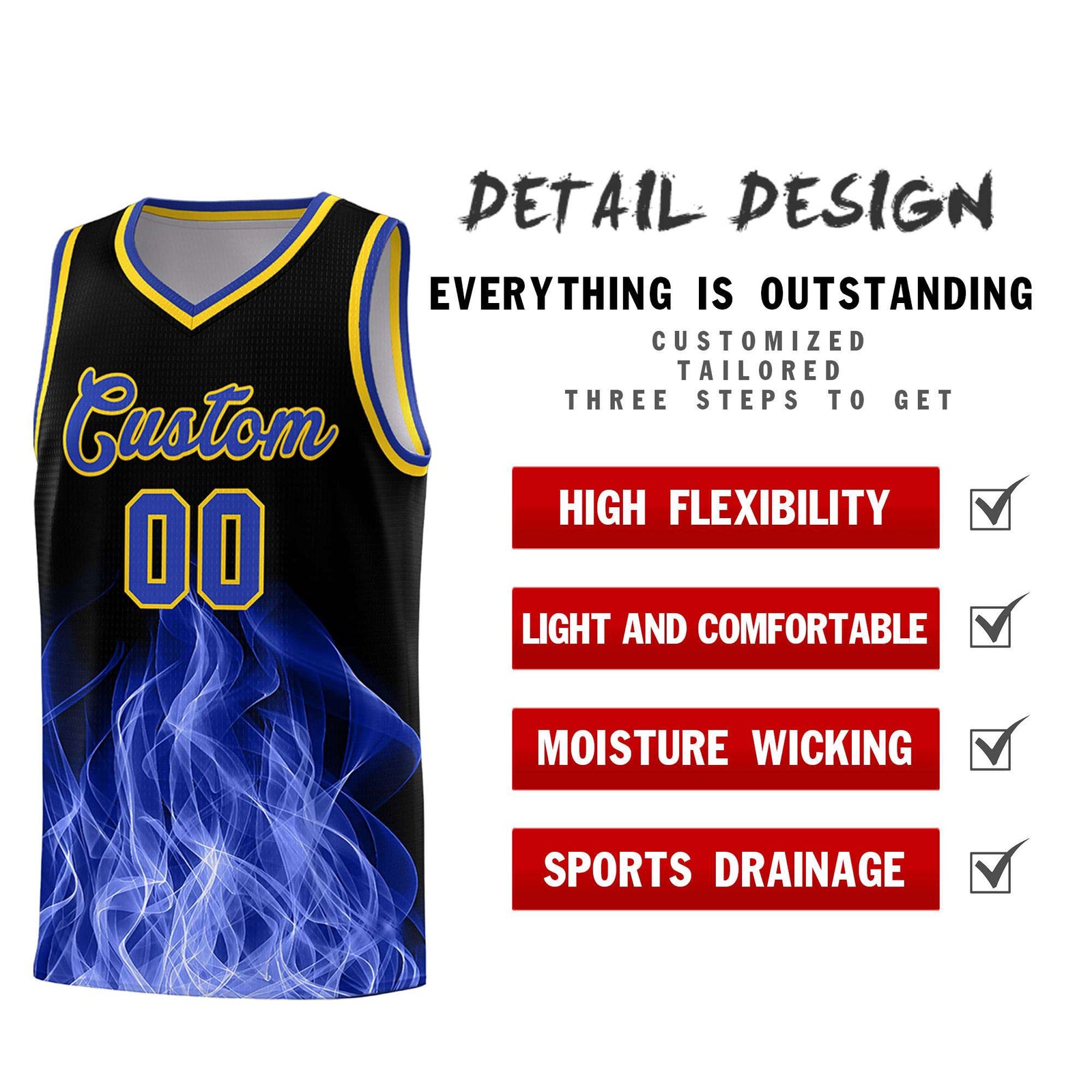 Custom Youth Basketball Jersey Black Gold Flame Fire Design Personalized Team Uniform Set