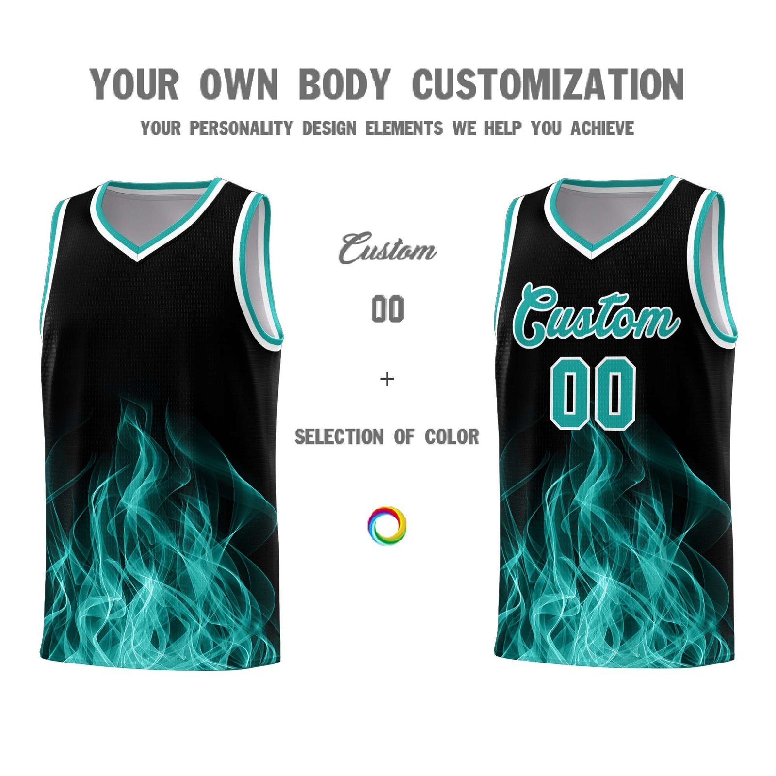 Custom Youth Basketball Jersey Black Aqua Flame Design Unique Team Uniform Set