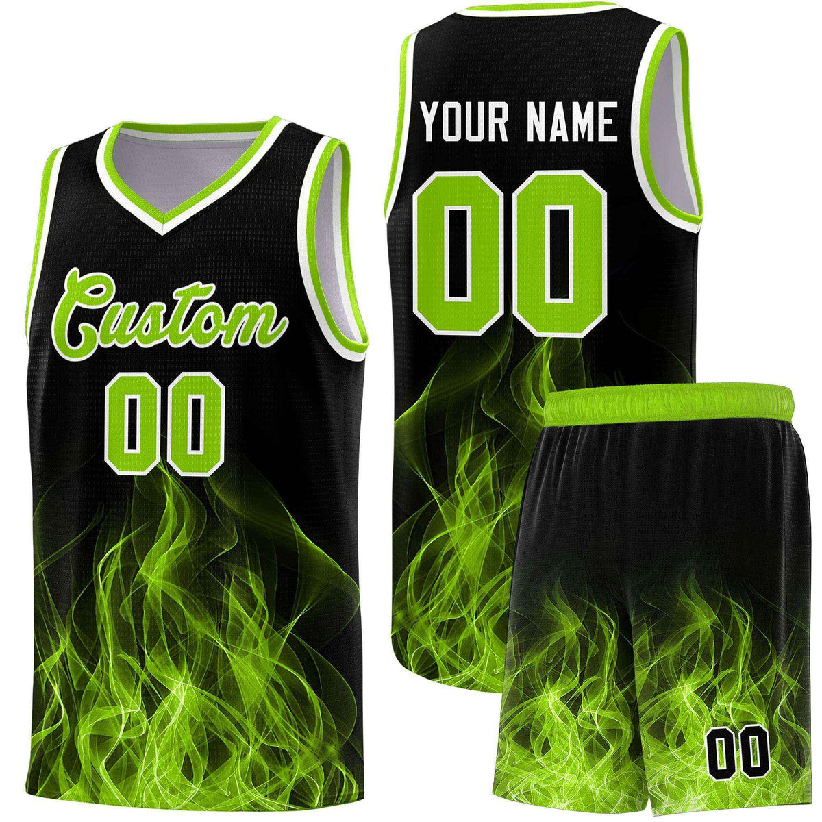 Custom Youth Basketball Jersey Black Neon Green Flame Design Personalized Team Uniform Set