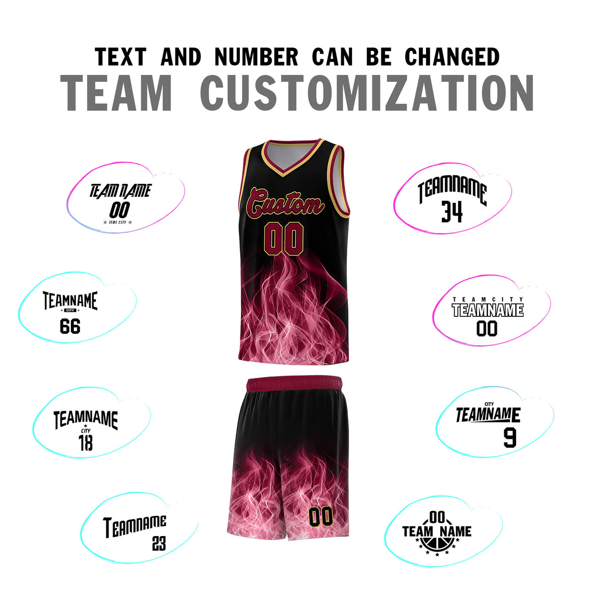 Custom Youth Basketball Jersey Black Crimson Flame Design Unique Team Uniform Set