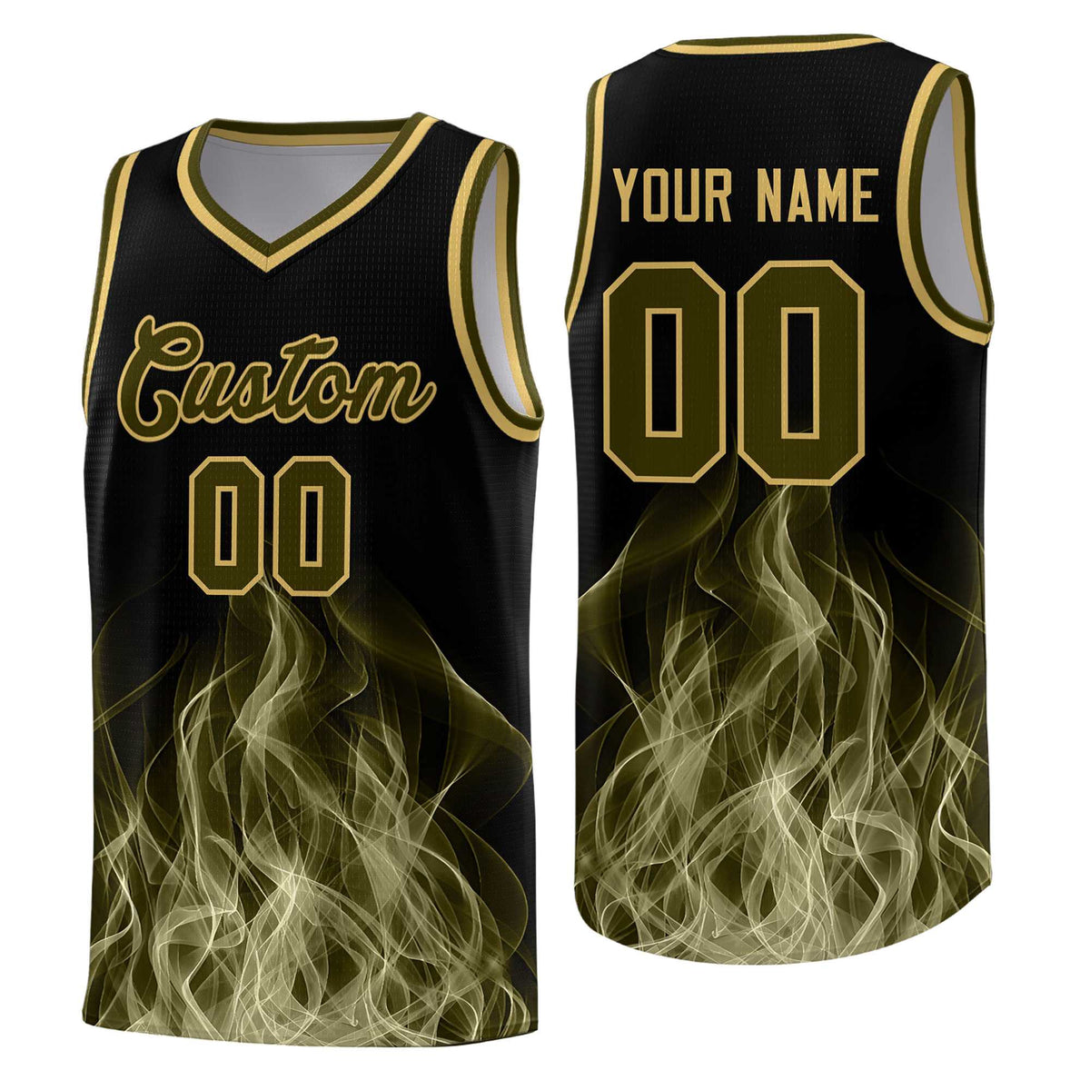 Custom Youth Basketball Jersey Black Khaki Flame Design Personalized Team Uniform Set