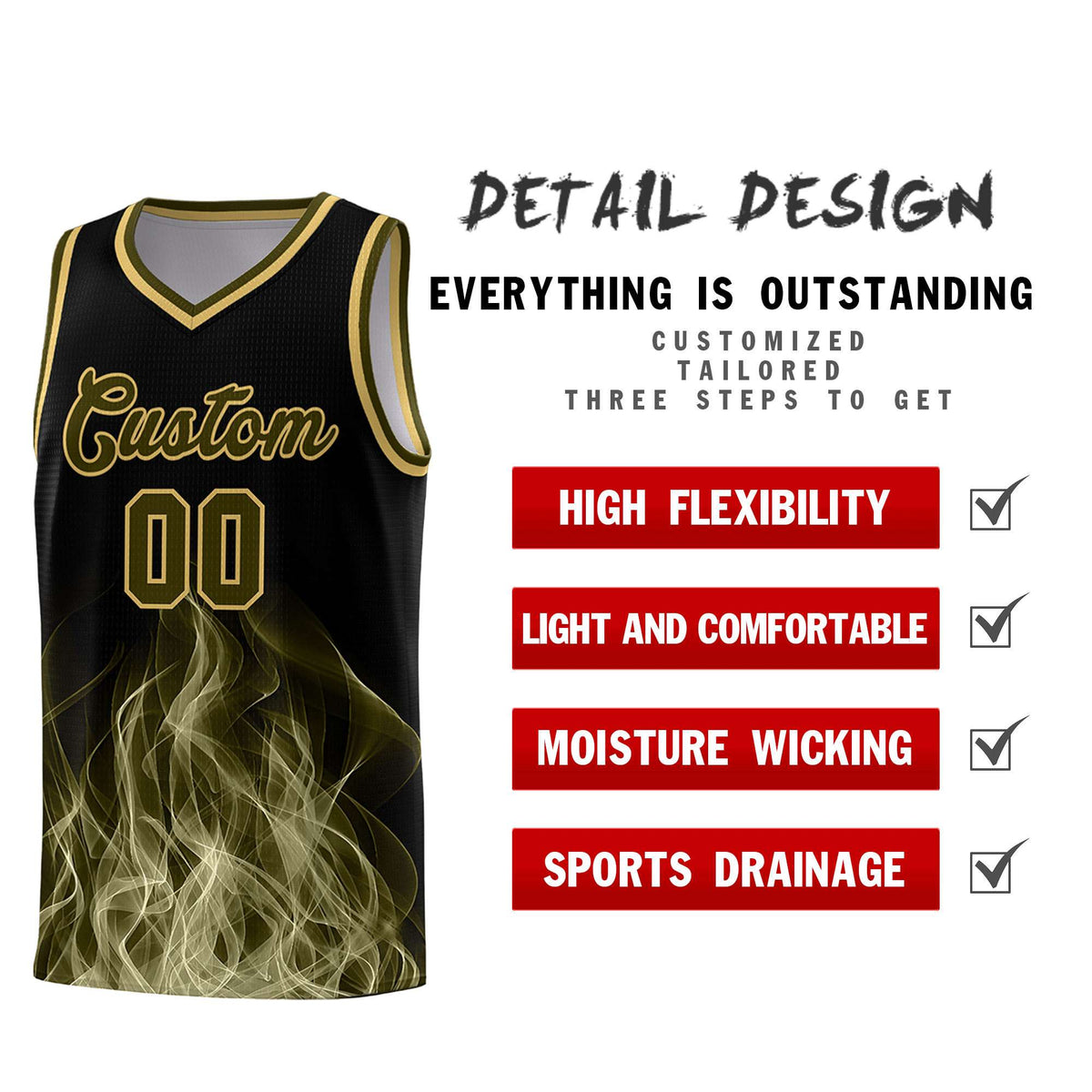 Custom Youth Basketball Jersey Black Khaki Flame Design Personalized Team Uniform Set