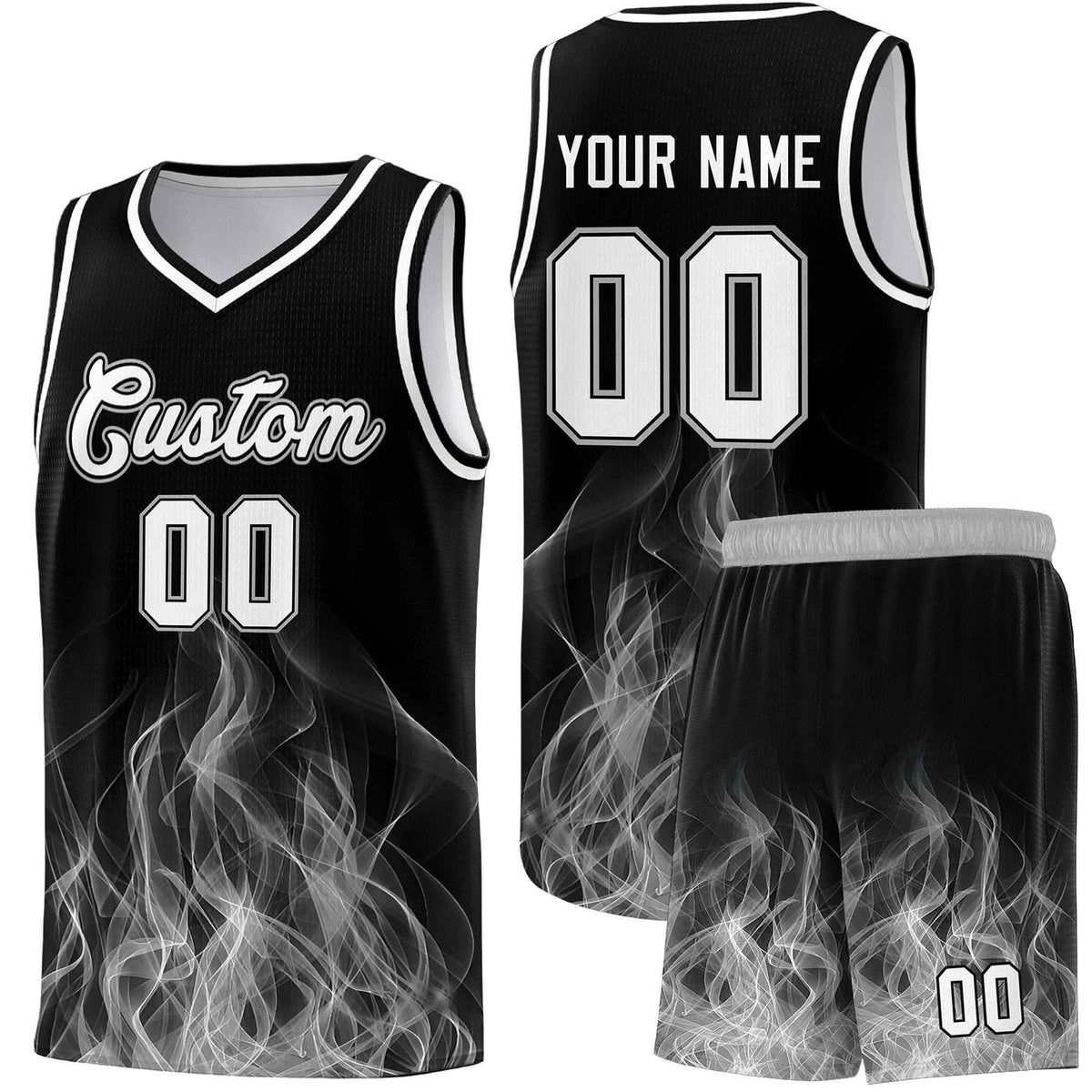 Custom Youth Basketball Jersey Black Gray Flame Fire Design Personalized Team Uniform Set