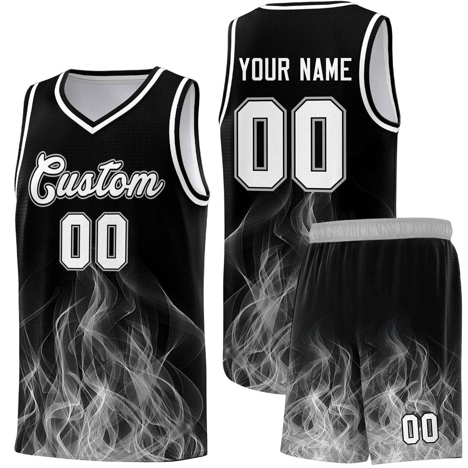 Custom Youth Basketball Jersey Black Gray Flame Fire Design Personalized Team Uniform Set