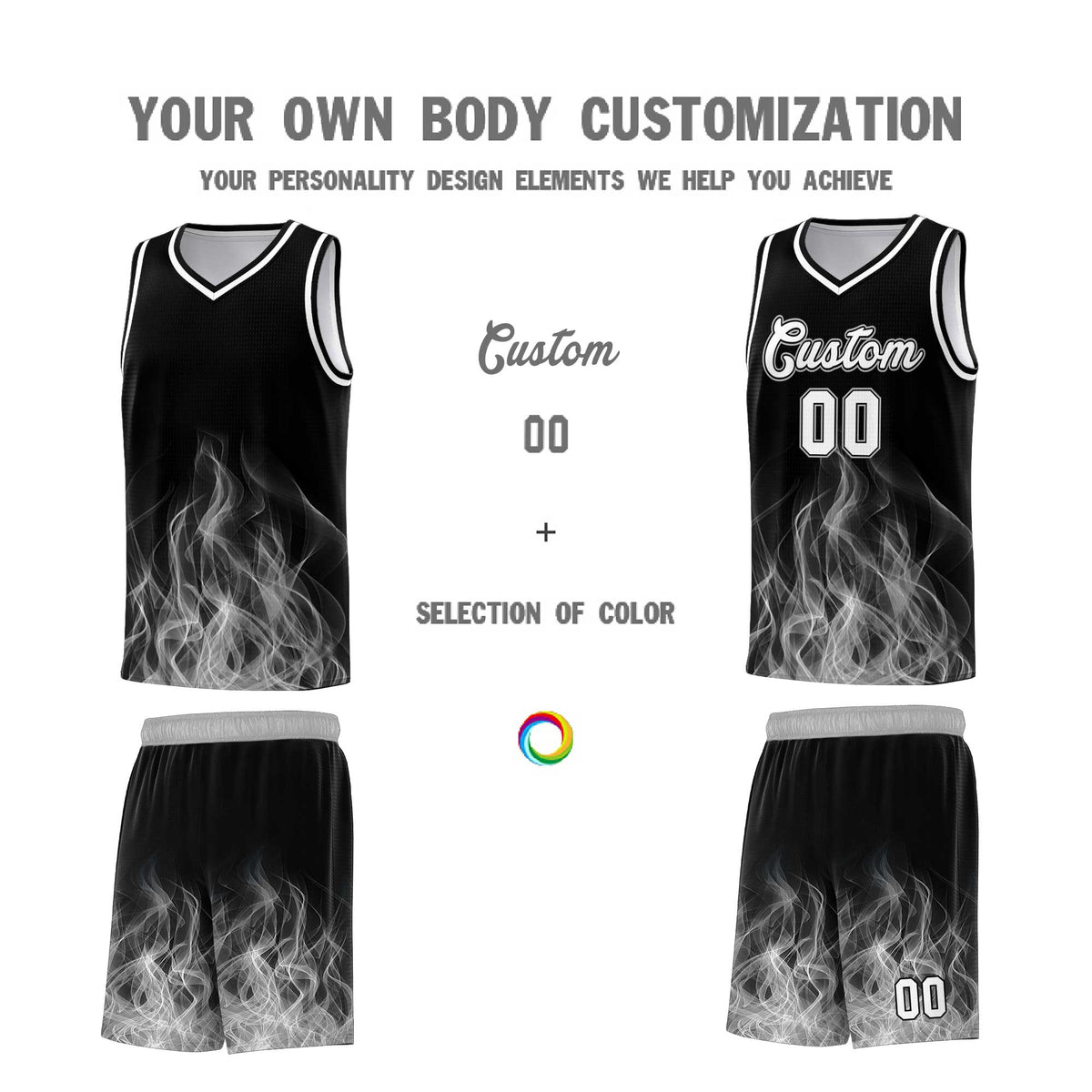 Custom Youth Basketball Jersey Black Gray Flame Fire Design Personalized Team Uniform Set