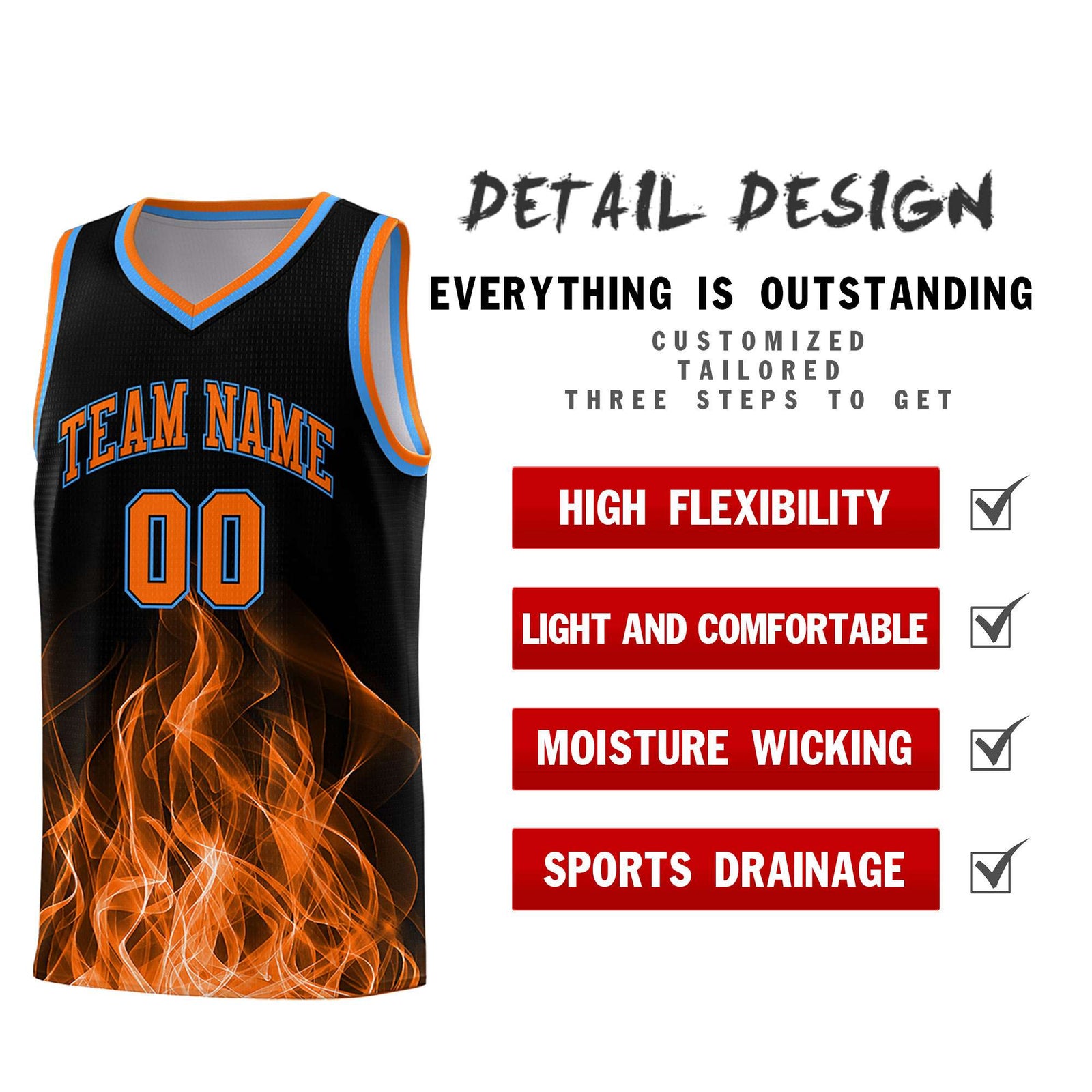 Custom Youth Basketball Jersey Black Orange Flame Design Personalized Team Uniform Set