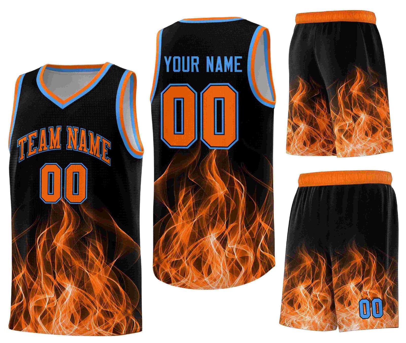 Custom Black Orange Flame Graffiti Pattern Sublimation Printing Personalized Uniform Basketball Jersey