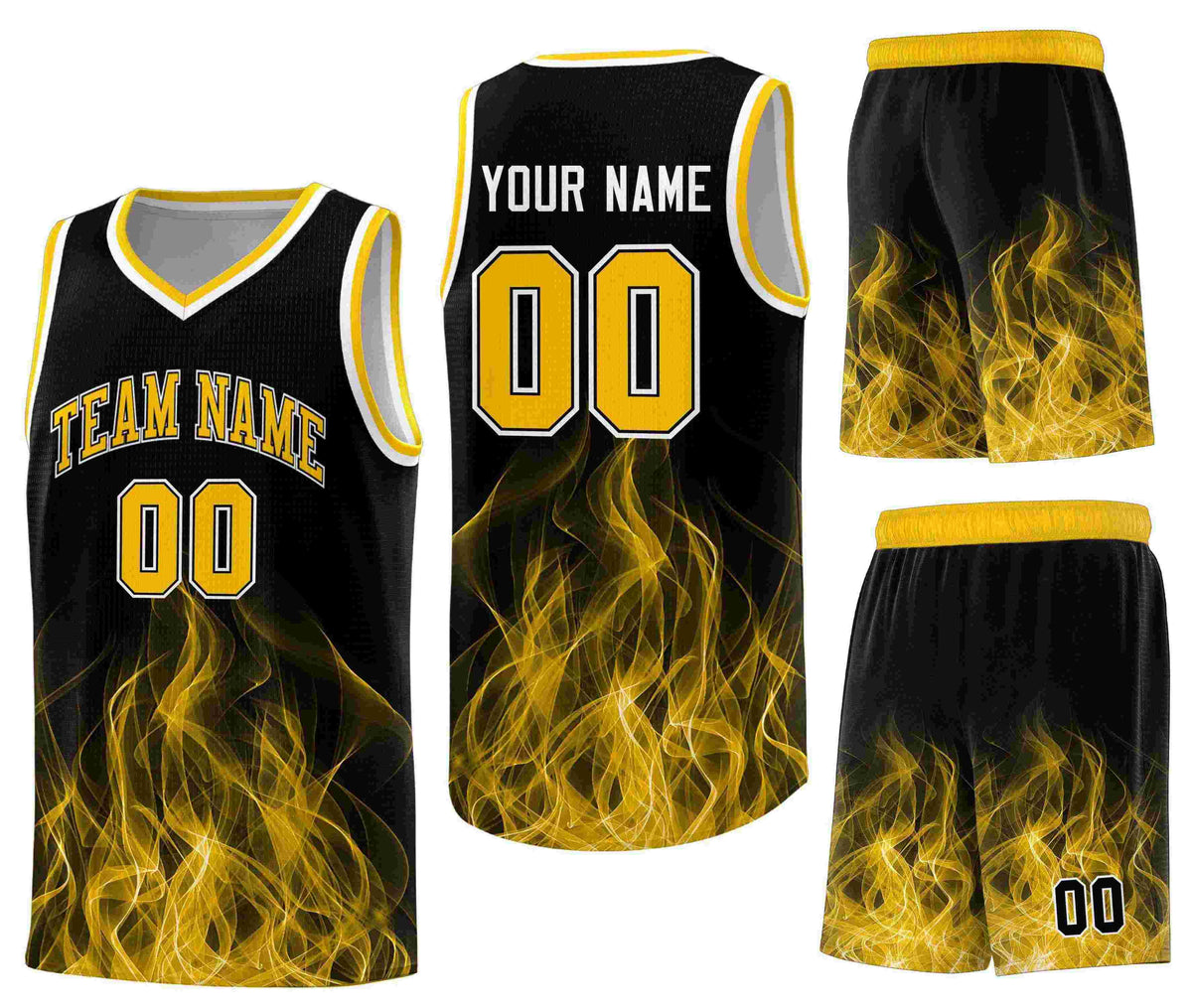 Custom Black Yellow Flame Graffiti Pattern Breathable Personalized Uniform Basketball Jersey