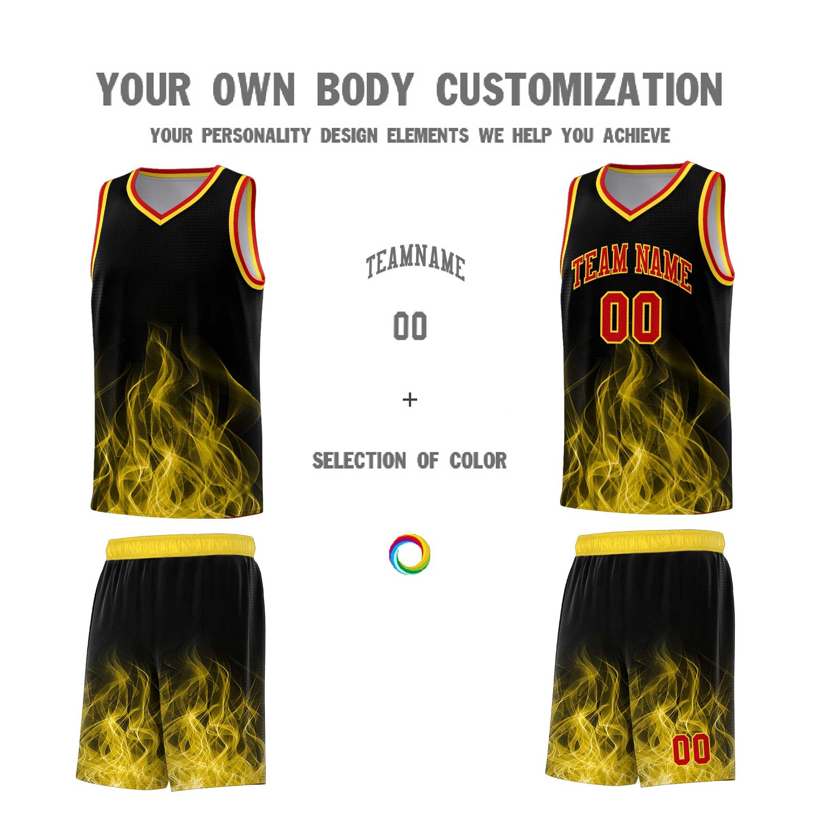 Custom Youth Basketball Jersey Black Gold Flame Design Unique Team Uniform Set