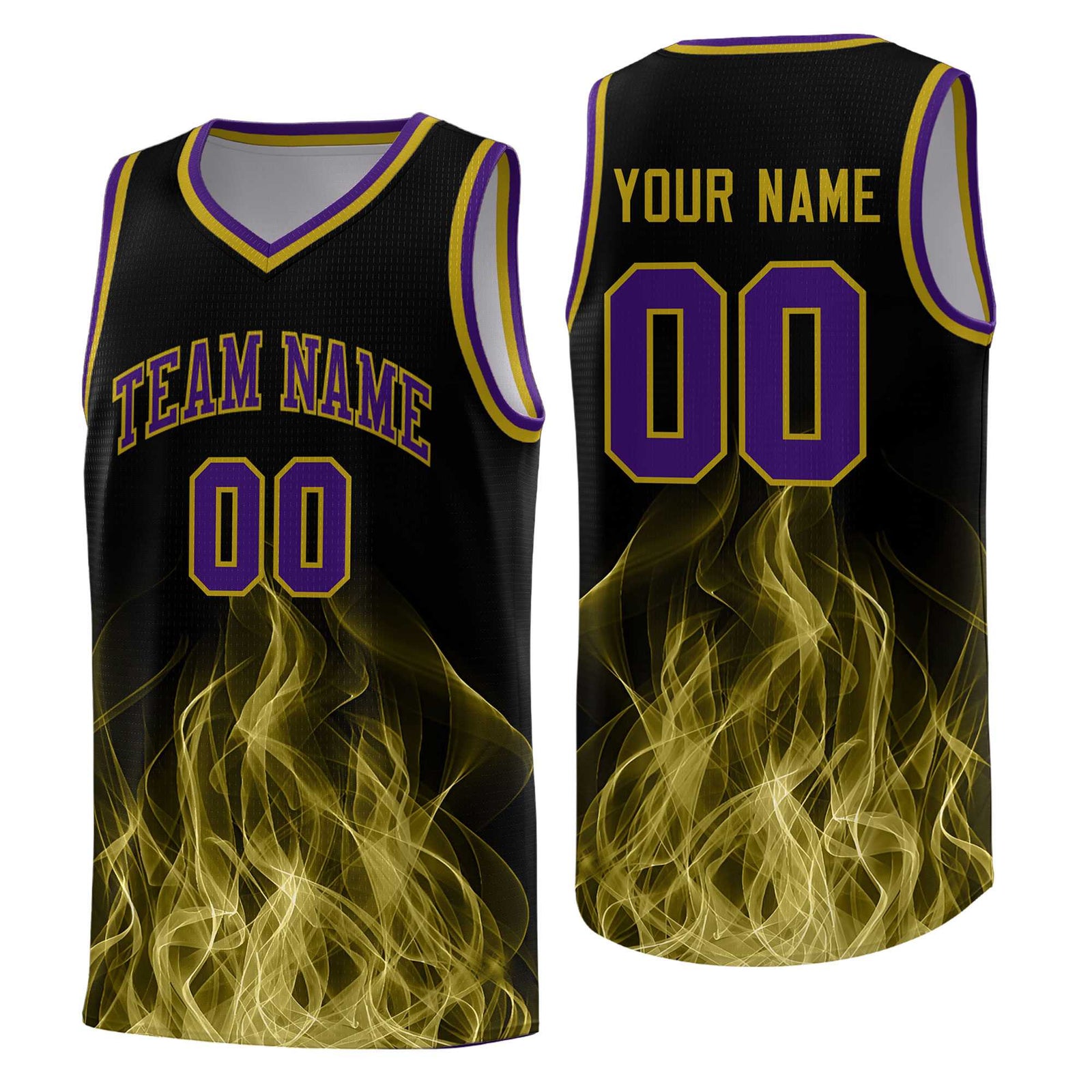 Custom Youth Basketball Jersey Black Purple Flame Design Unique Team Uniform Set