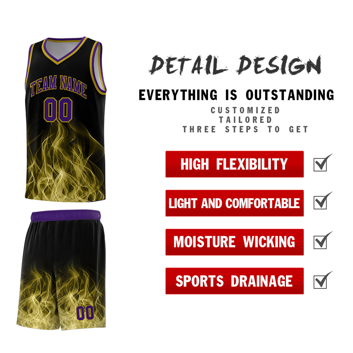 Custom Youth Basketball Jersey Black Purple Flame Design Unique Team Uniform Set