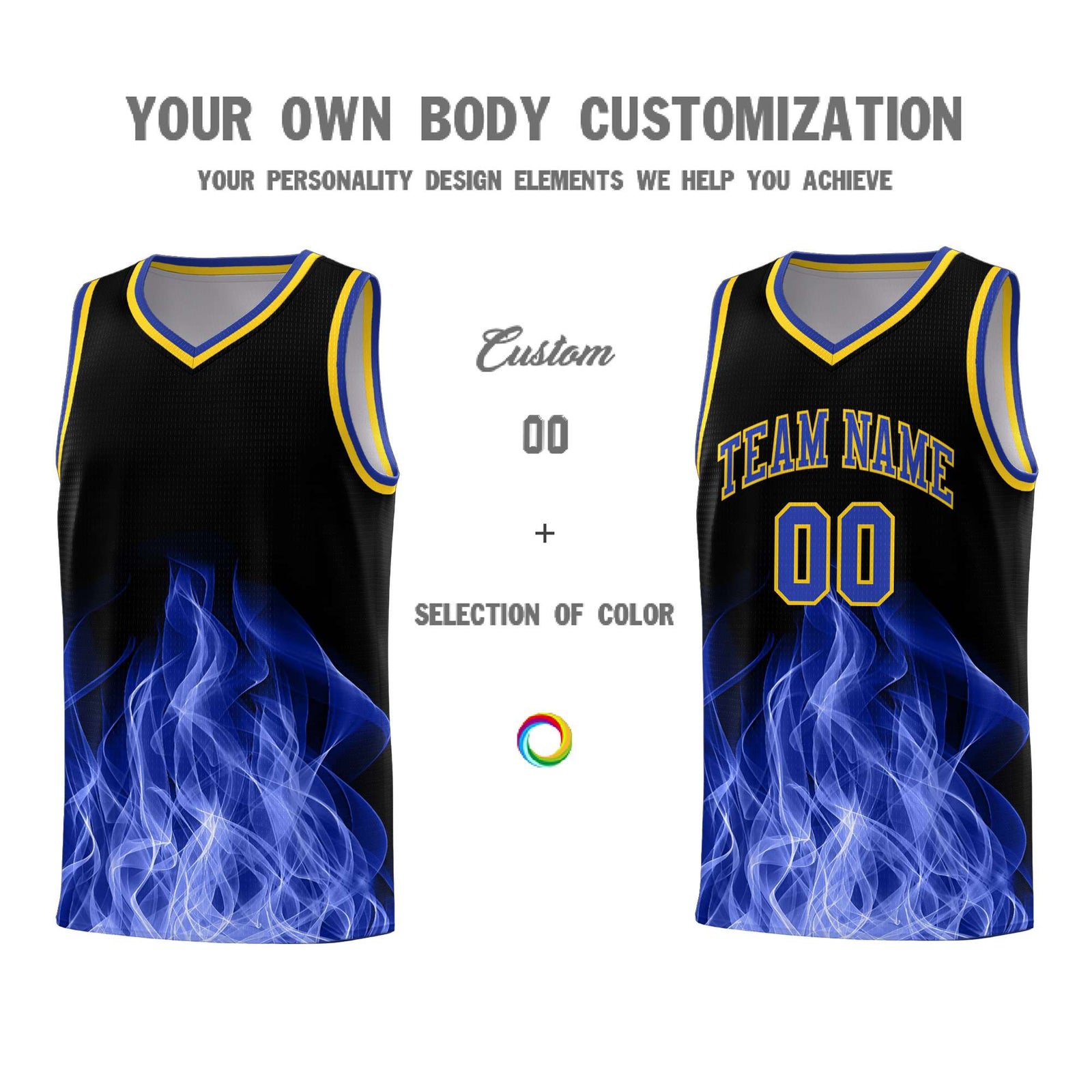 Custom Youth Basketball Jersey Black Gold Flame Fire Design Personalized Team Uniform Set
