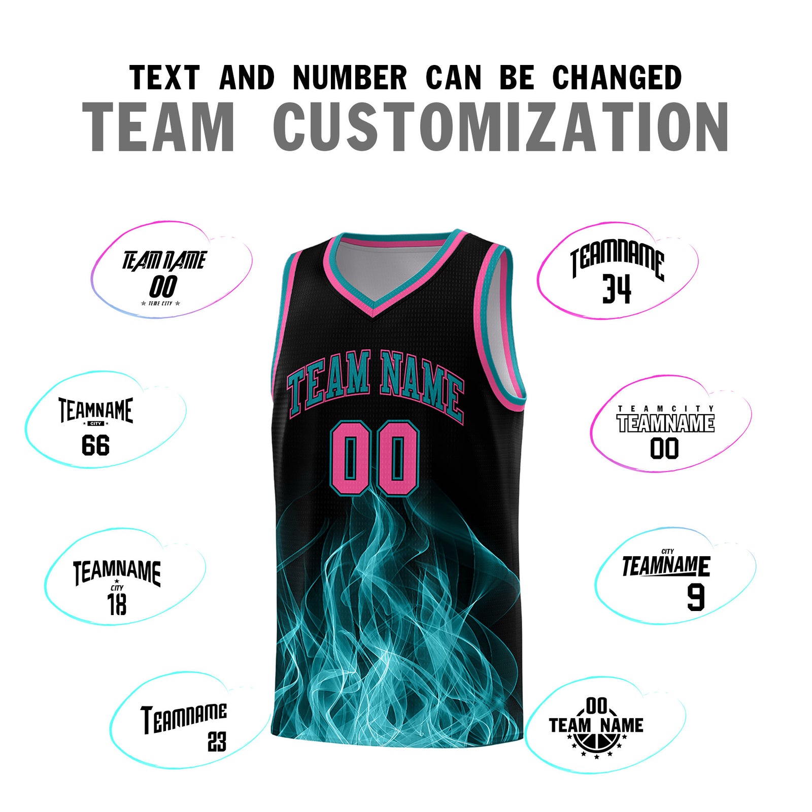 Custom Youth Basketball Jersey Black Teal Flame Fire Design Personalized Team Uniform Set