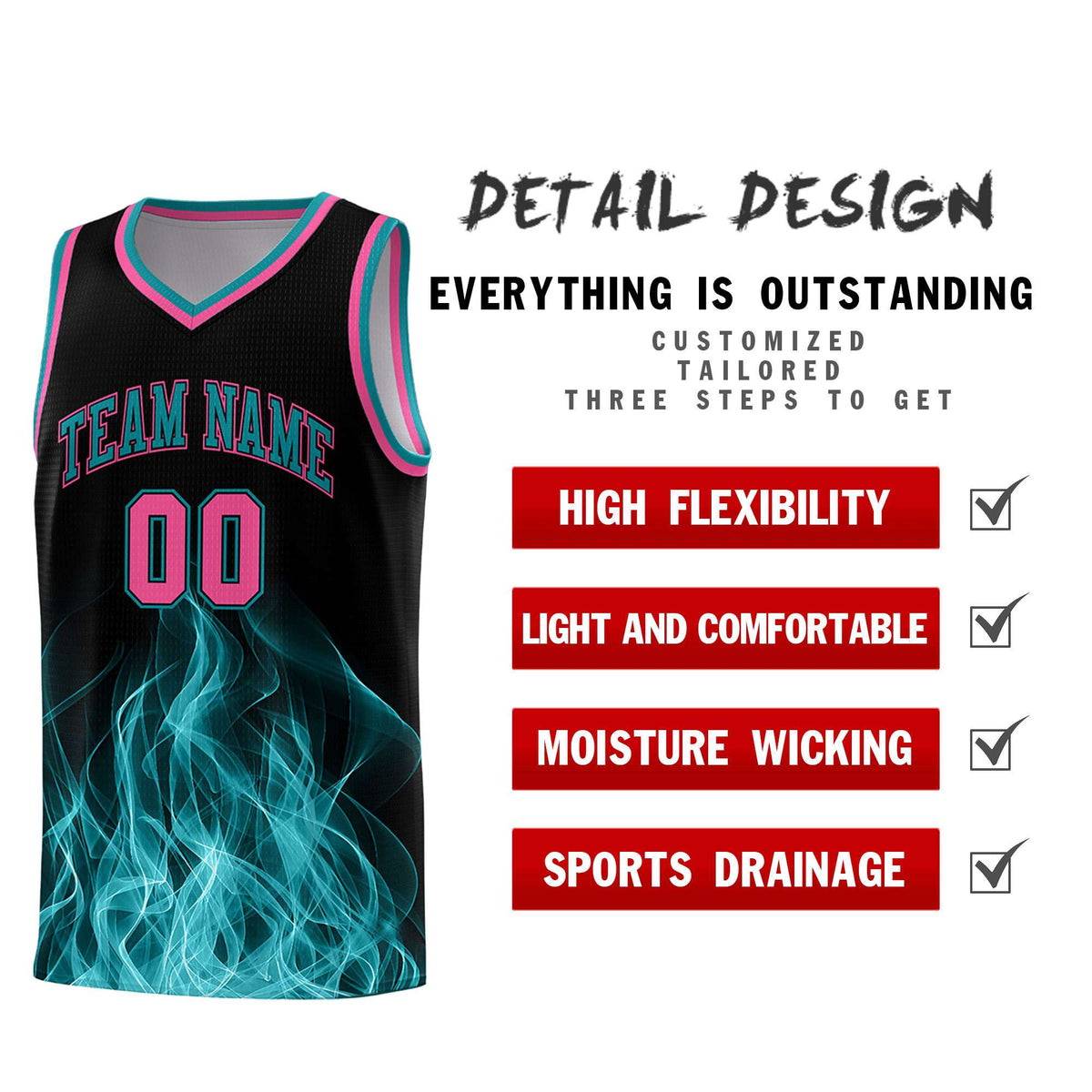 Custom Youth Basketball Jersey Black Teal Flame Fire Design Personalized Team Uniform Set