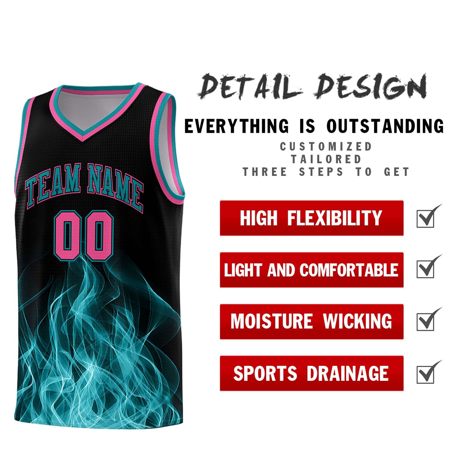 Custom Youth Basketball Jersey Black Teal Flame Fire Design Personalized Team Uniform Set