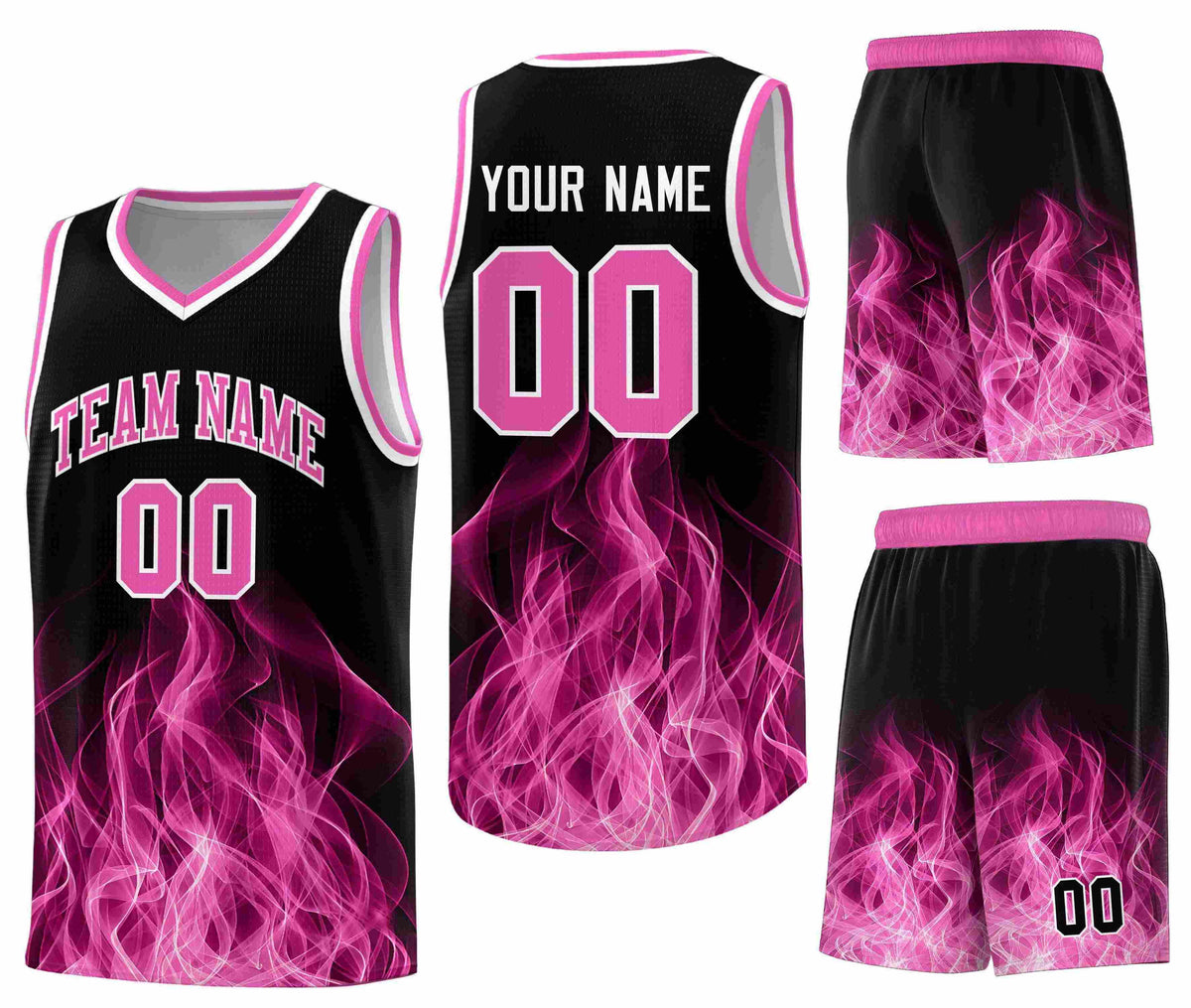 Custom Black Pink Flame Graffiti Pattern Wrinkle-Resistant Personalized Uniform Basketball Jersey
