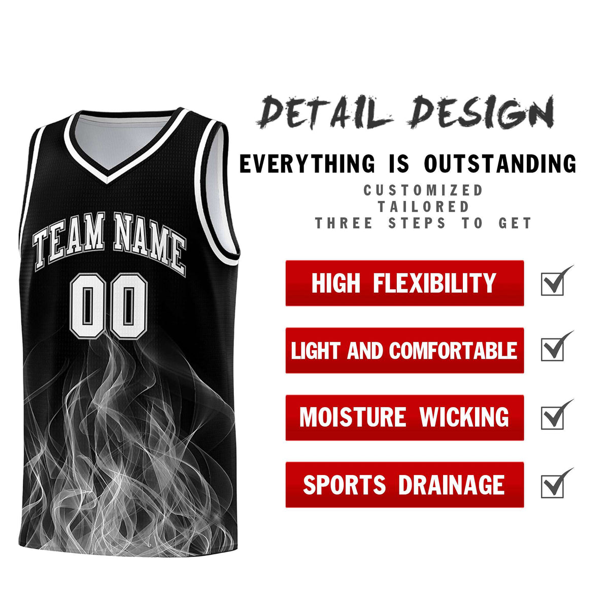 Custom Youth Basketball Jersey Black Gray Flame Fire Design Personalized Team Uniform Set