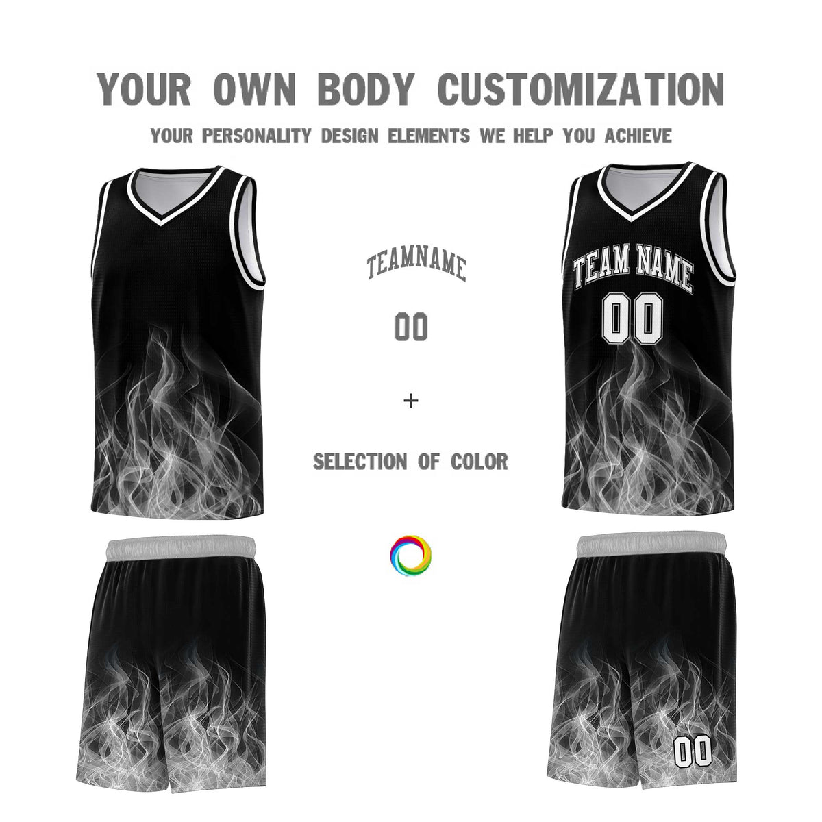 Custom Youth Basketball Jersey Black Gray Flame Fire Design Personalized Team Uniform Set
