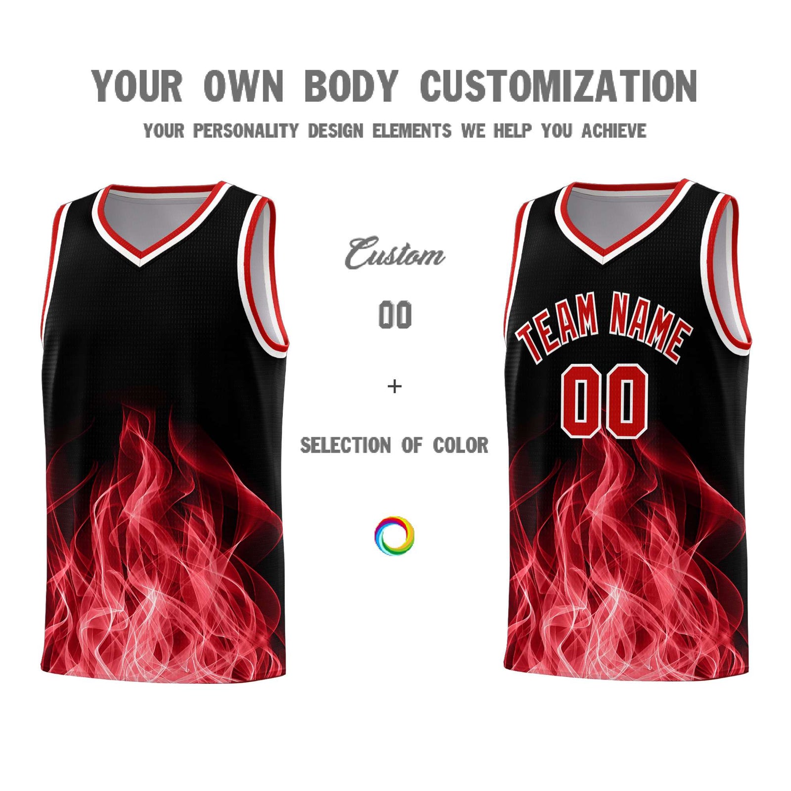 Custom Youth Basketball Jersey Black Red Flame Fire Design Personalized Team Uniform Set