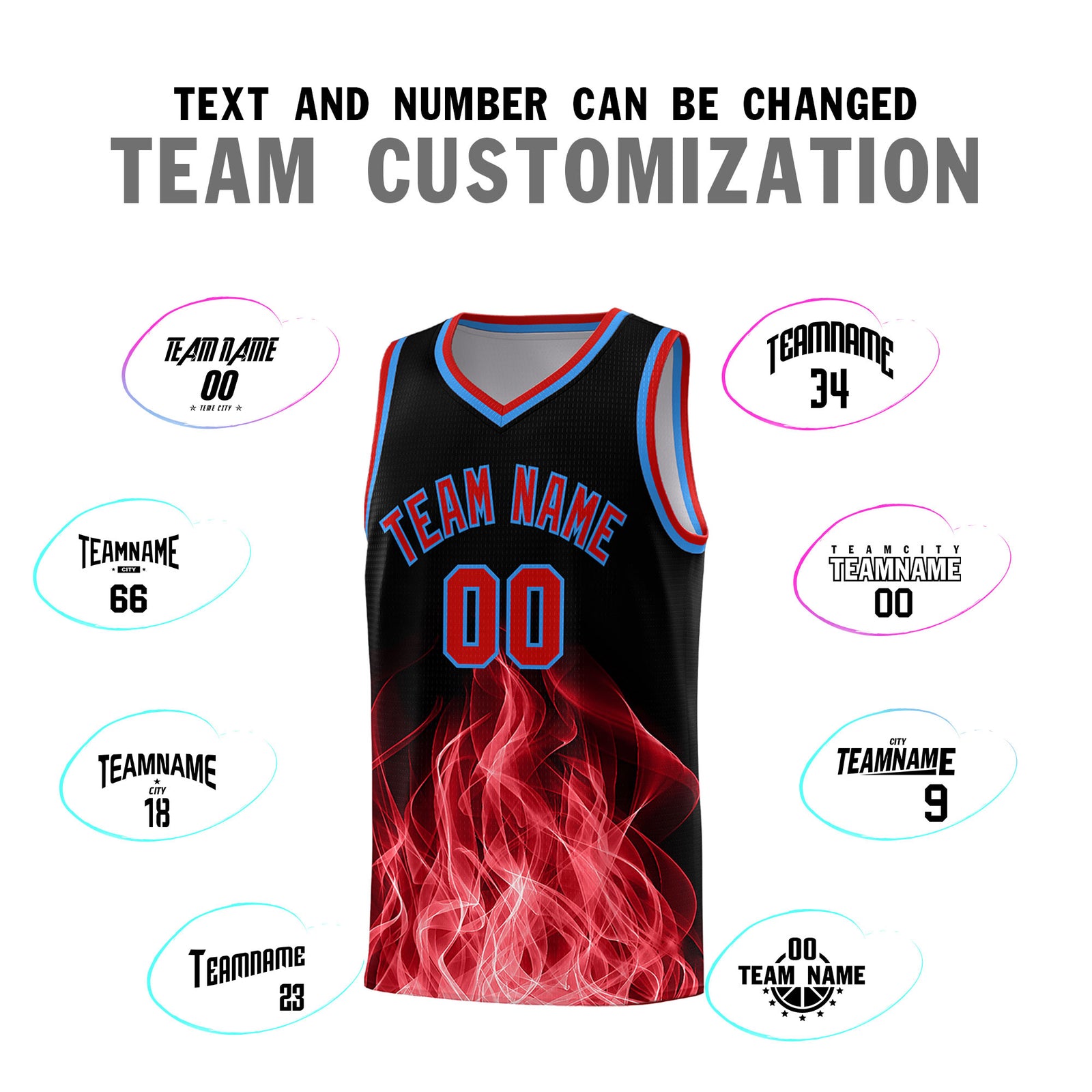 Custom Youth Basketball Jersey Black Red Flame Design Unique Team Uniform Set