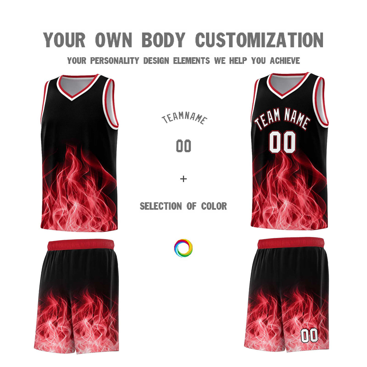 Custom Youth Basketball Jersey Black Red Flame Design Personalized Team Uniform Set