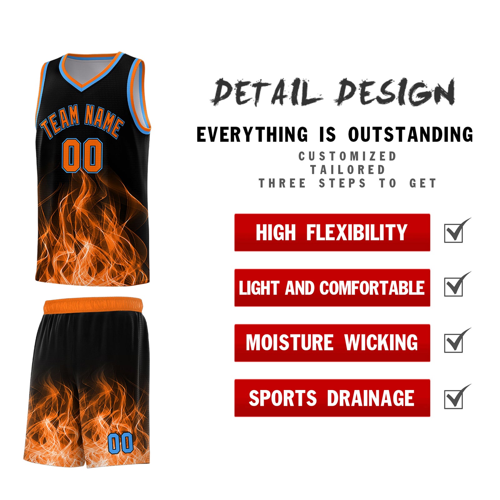 Custom Youth Basketball Jersey Black Orange Flame Design Personalized Team Uniform Set