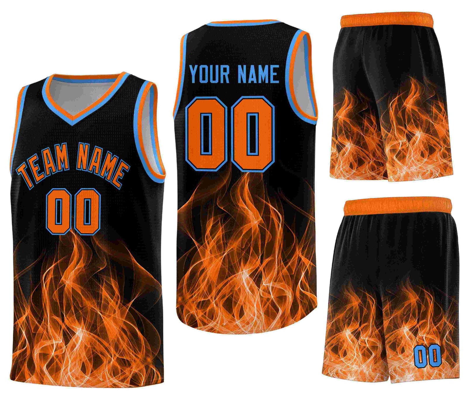 Custom Black Orange Flame Graffiti Pattern Sublimation Printing Personalized Uniform Basketball Jersey