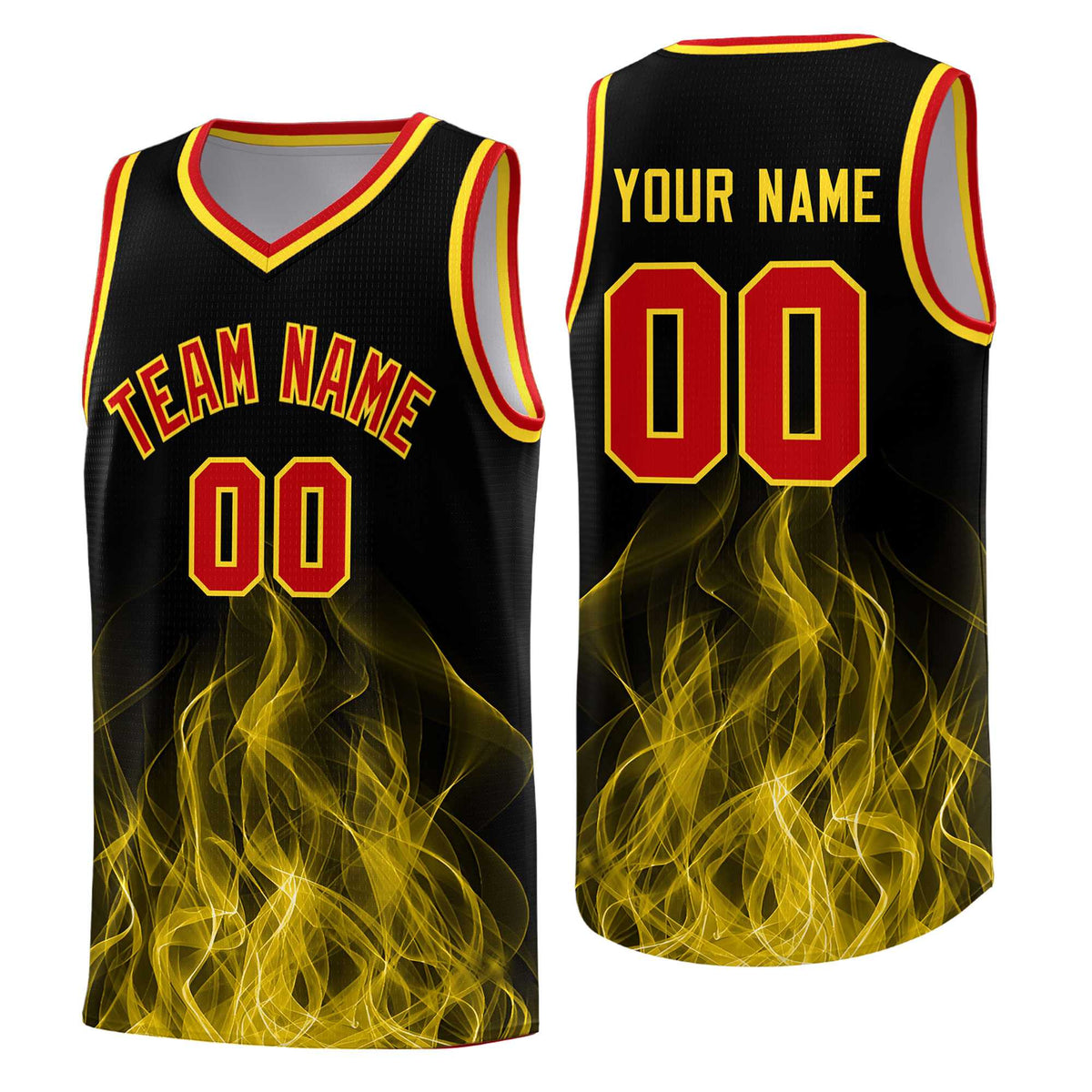 Custom Youth Basketball Jersey Black Gold Flame Design Unique Team Uniform Set