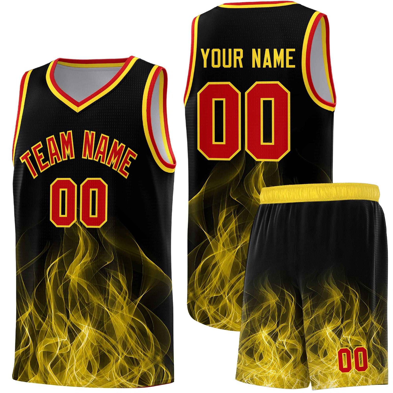 Custom Youth Basketball Jersey Black Gold Flame Design Unique Team Uniform Set