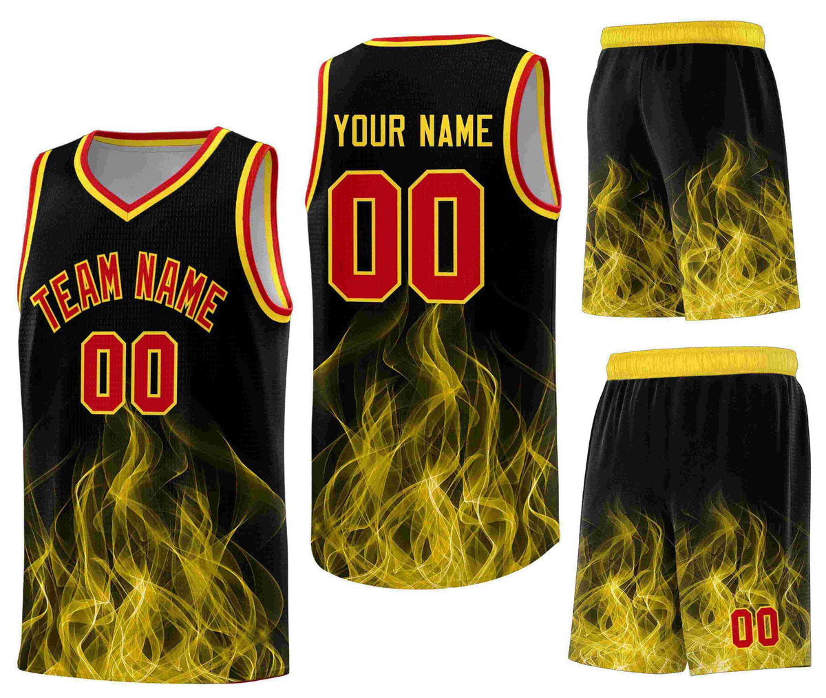 Custom Black Gold Flame Graffiti Pattern Quick-Drying Personalized Uniform Basketball Jersey