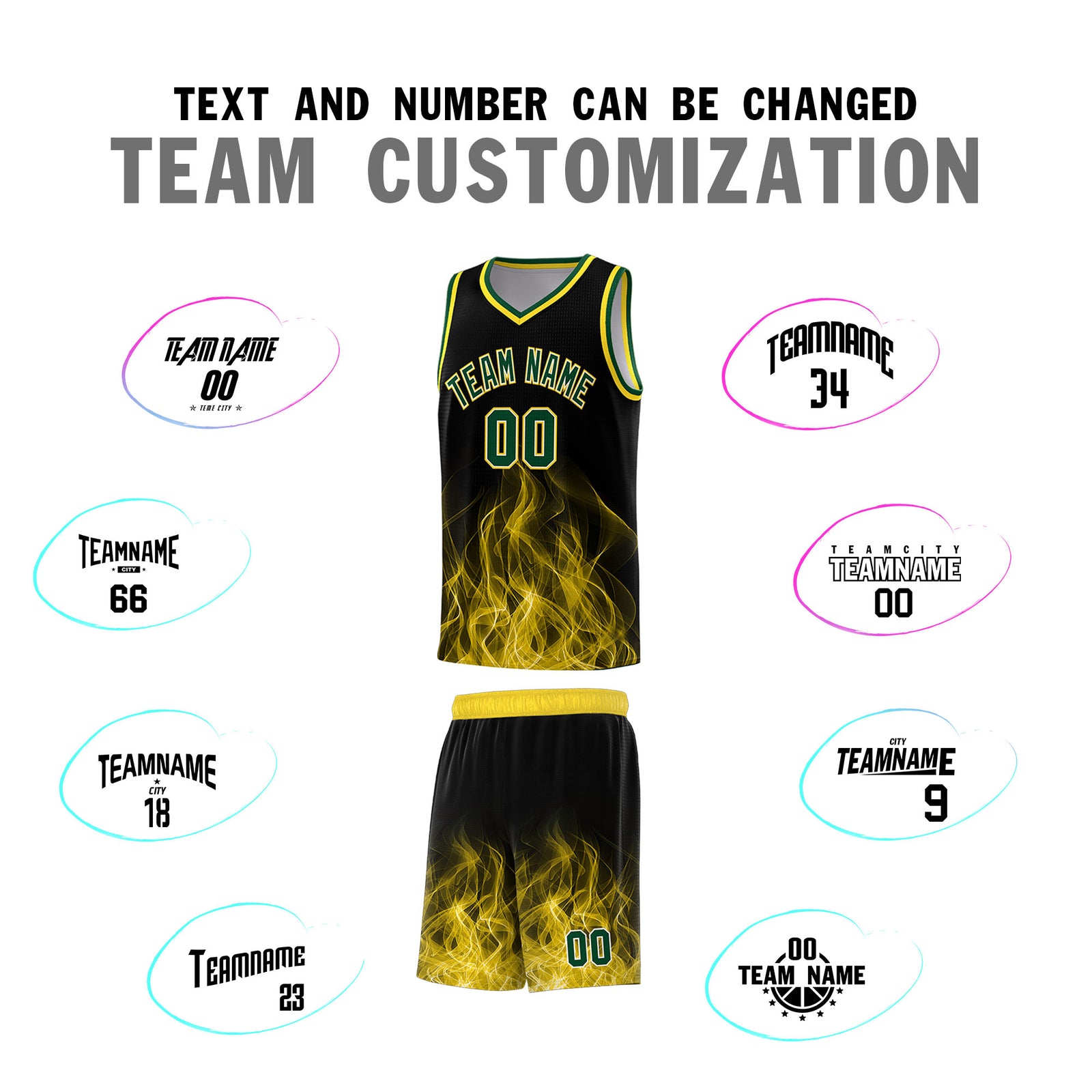Custom Youth Basketball Jersey Black Gold Flame Design Personalized Team Uniform Set