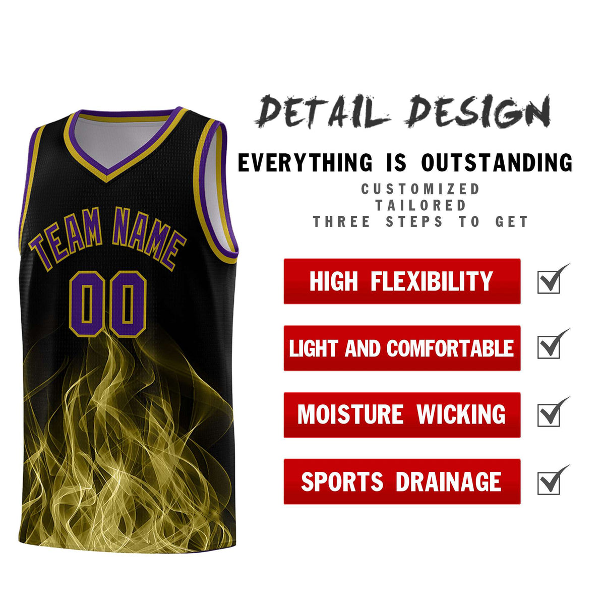 Custom Youth Basketball Jersey Black Purple Flame Design Unique Team Uniform Set