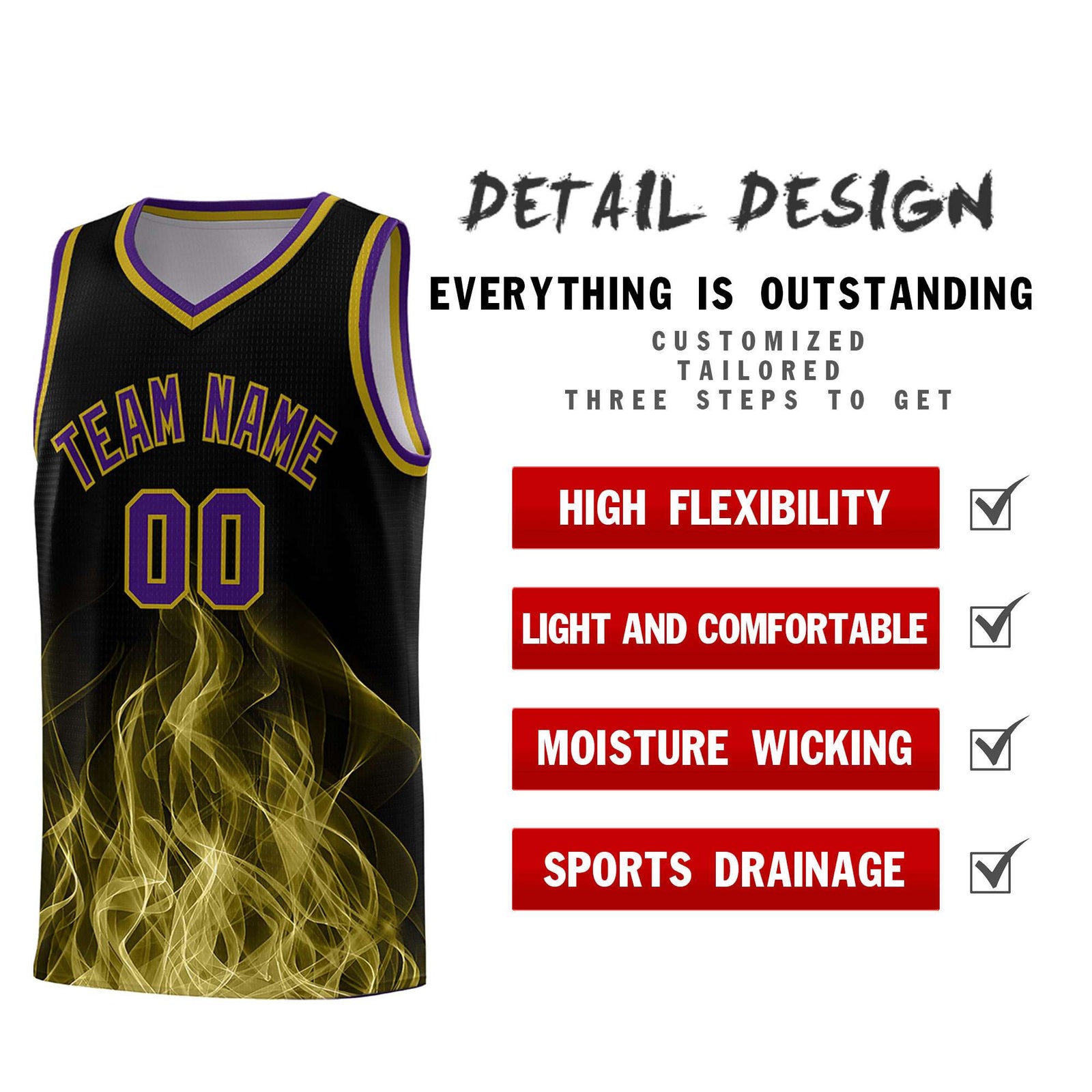 Custom Youth Basketball Jersey Black Purple Flame Design Unique Team Uniform Set