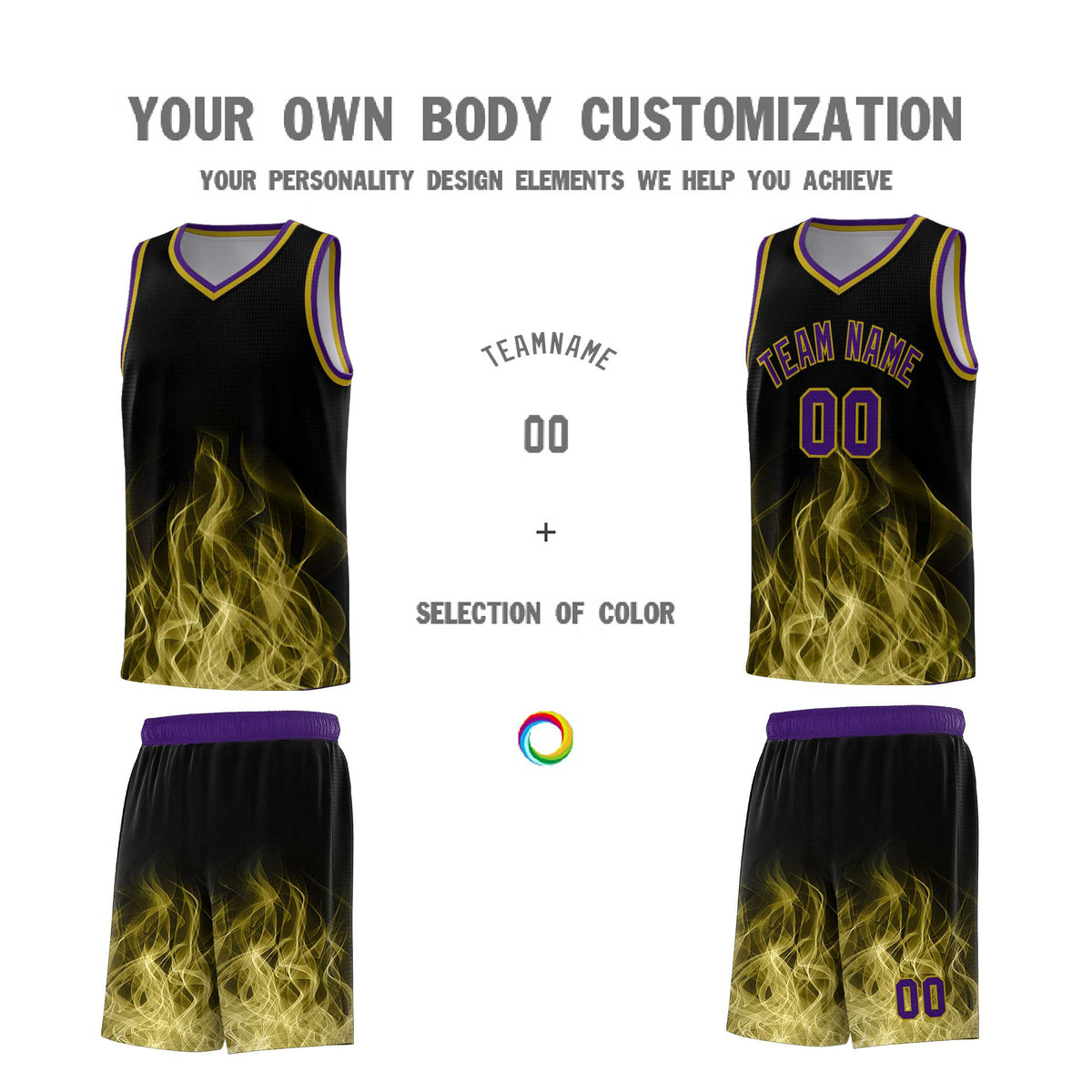 Custom Youth Basketball Jersey Black Purple Flame Design Unique Team Uniform Set