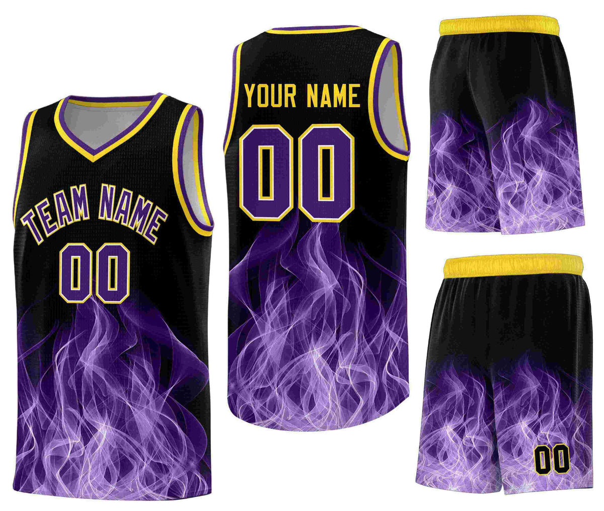 Custom Black Gold Flame Graffiti Pattern Sublimation Printing Personalized Uniform Basketball Jersey