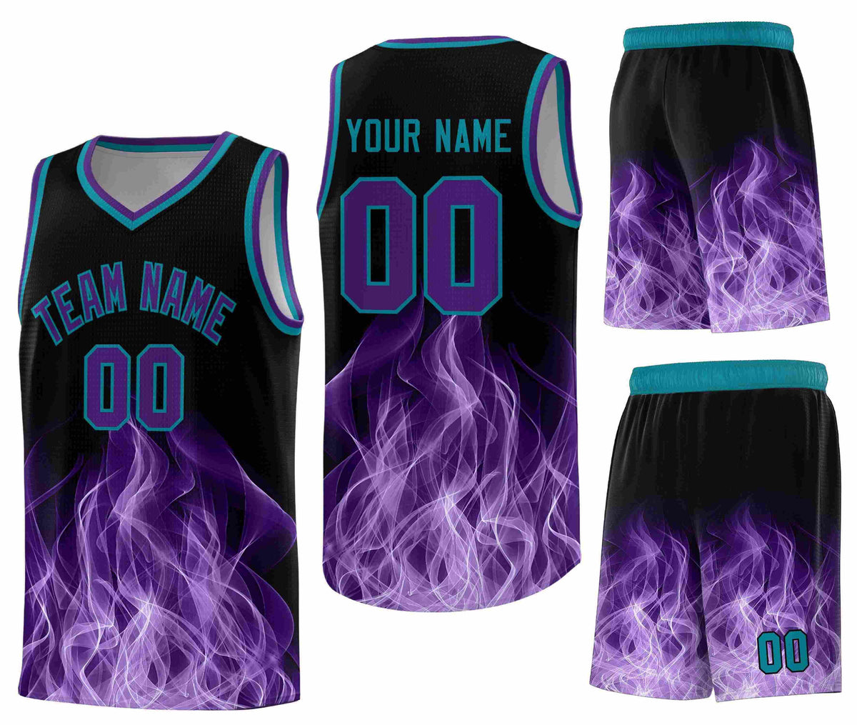 Custom Black Teal Flame Graffiti Pattern Quick-Drying Personalized Uniform Basketball Jersey